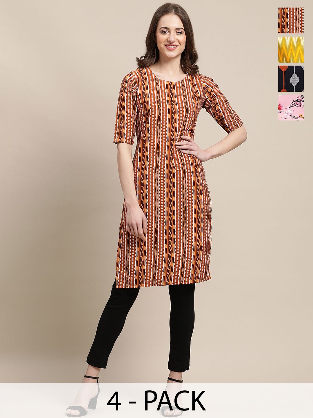 7Threads Selection Of 4 Geometric Printed Round Neck Straight Kurtas, Brown