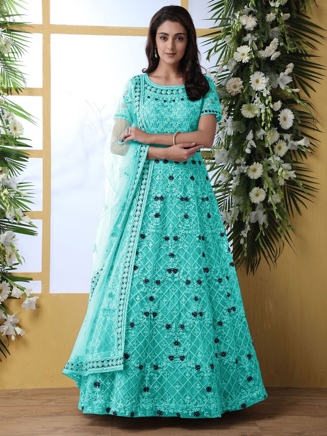 

Aika Women Floral Embroidered Fit & Flare Maxi Ethnic Dresses, Turquoise blue