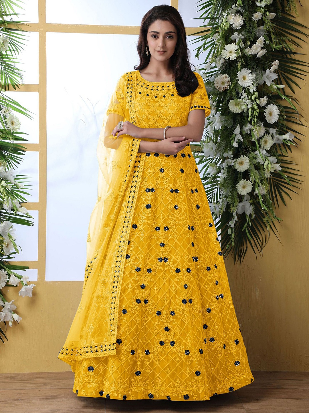 

Aika Floral Embroidered Net Semi-Stitched Ethnic Maxi Dress, Yellow