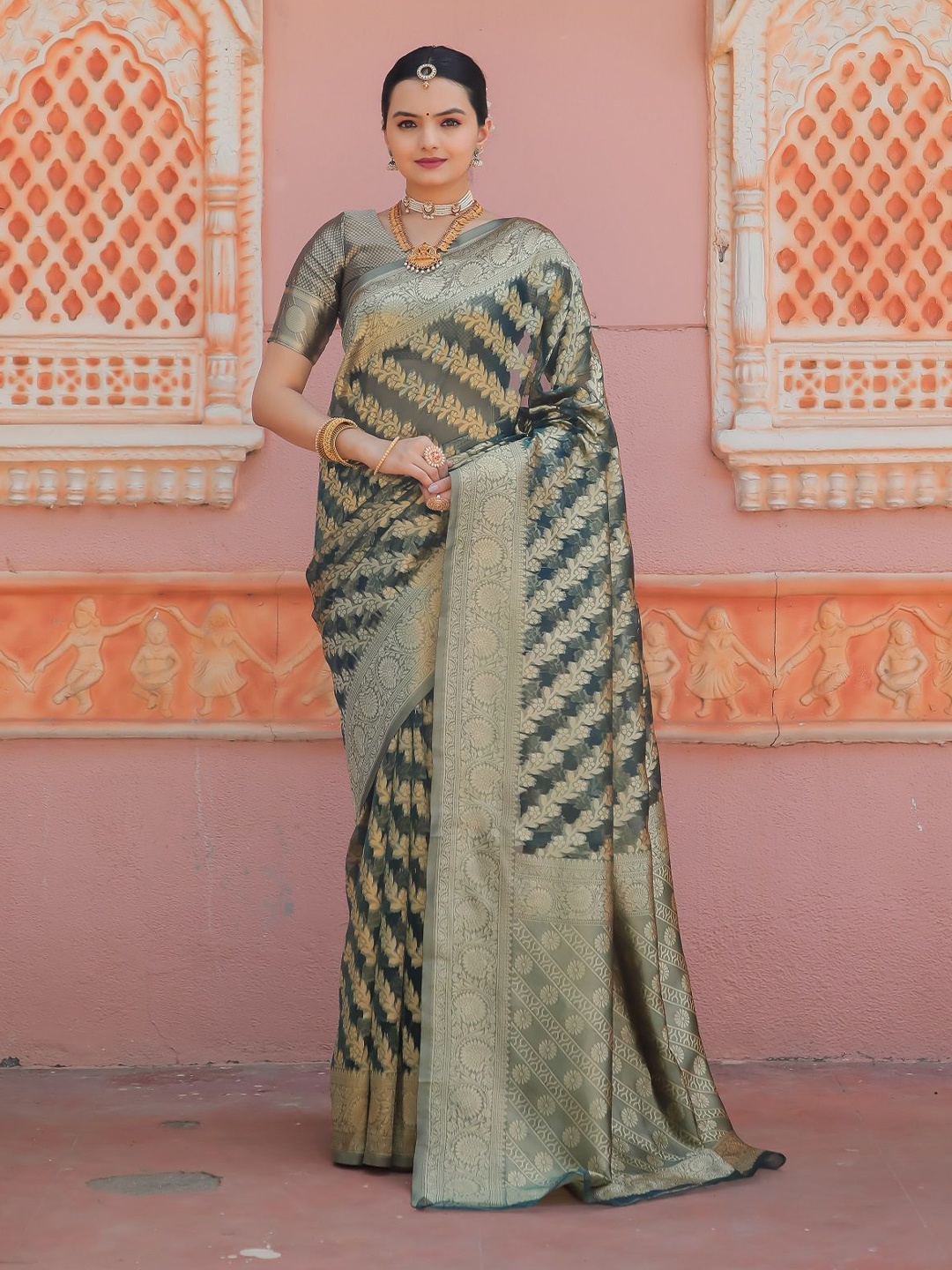 

Fashion Ritmo Ethnic Motifs Woven Design Zari Organza Saree, Green
