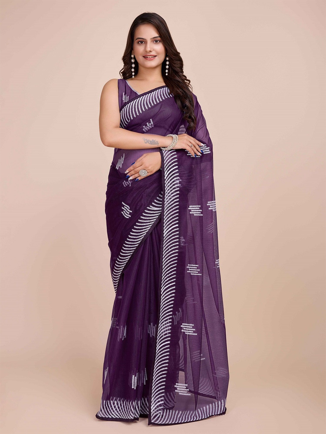 

Fashion Ritmo Striped Embroidered Saree, Burgundy