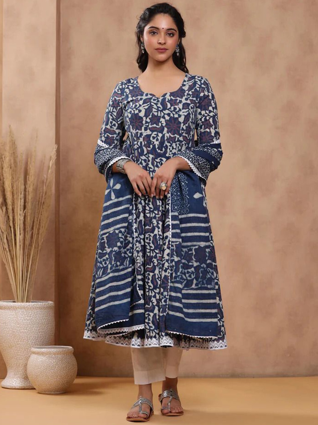 

KALINI Floral Printed Anarkali Kurta With Trousers & Dupatta, Navy blue