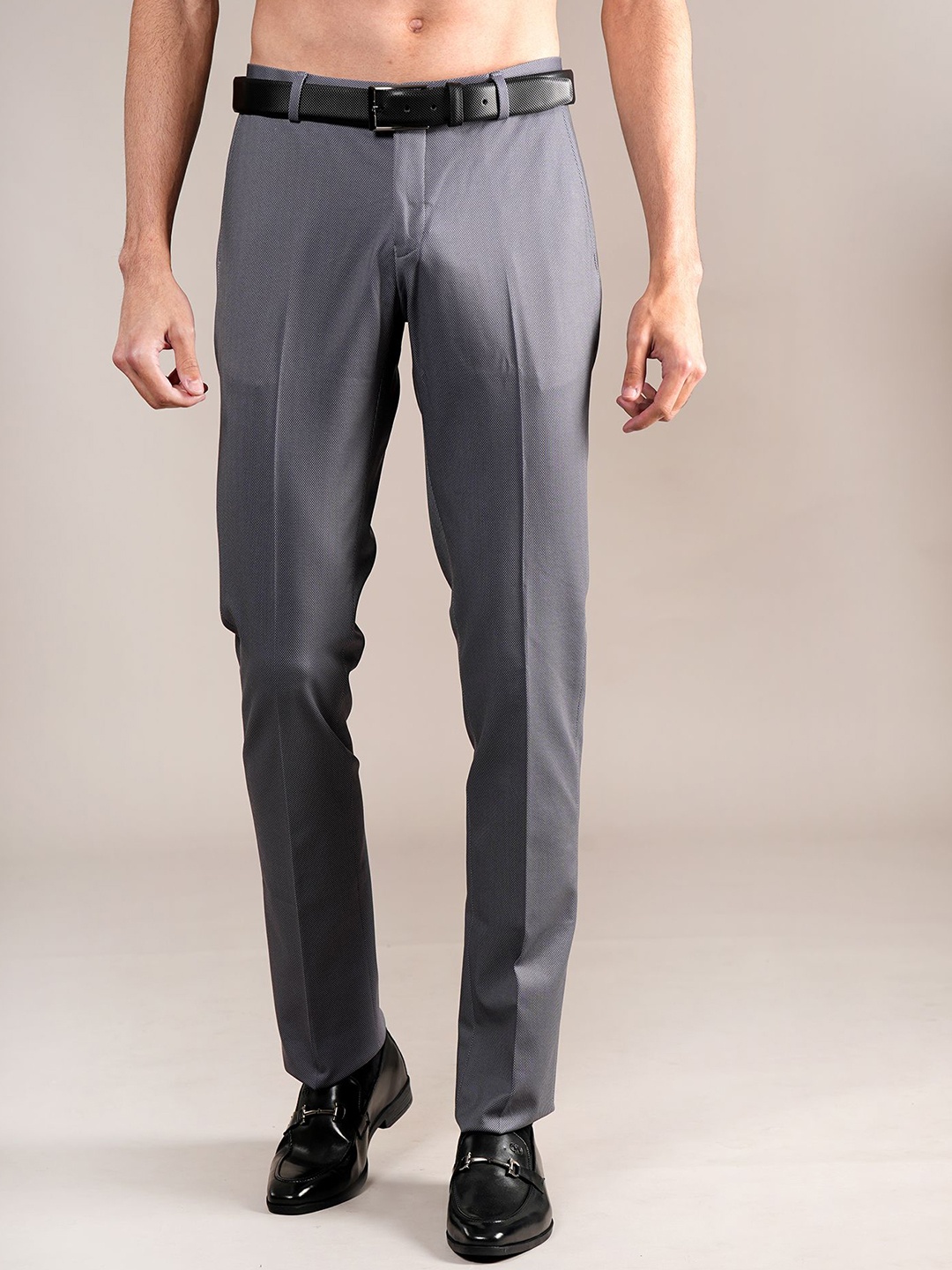 

Cantabil Men Self Design Regular Fit Trousers, Grey