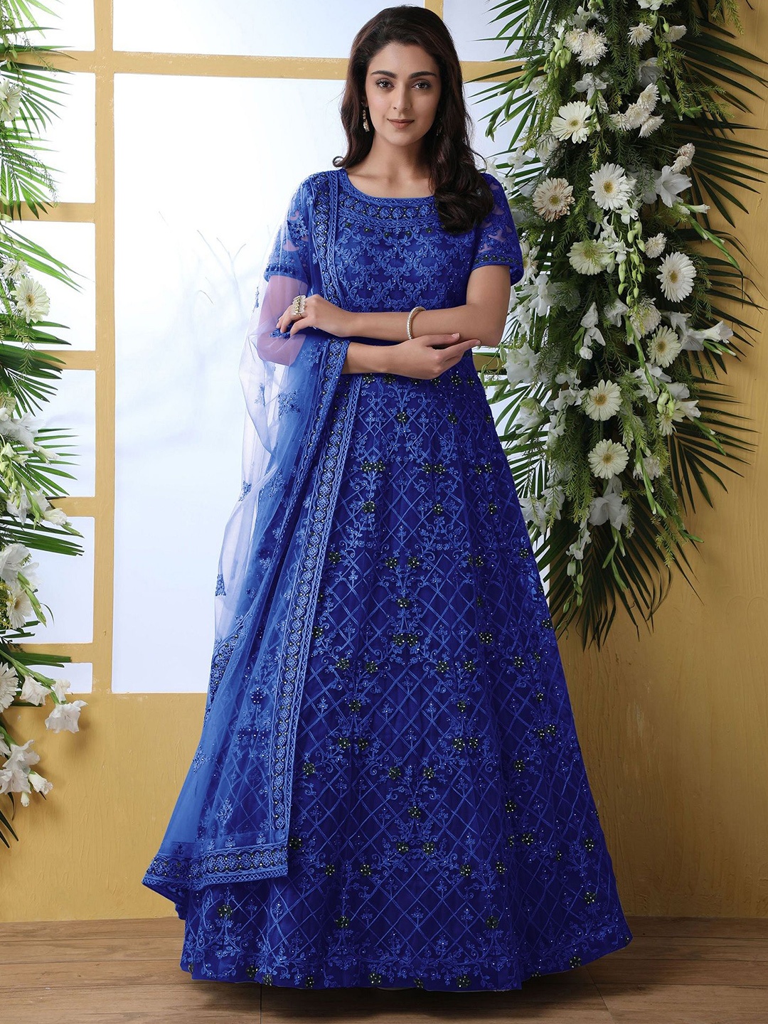

LADY SHOPI Women Embroidered Net Fit & Flare Maxi Dress, Blue