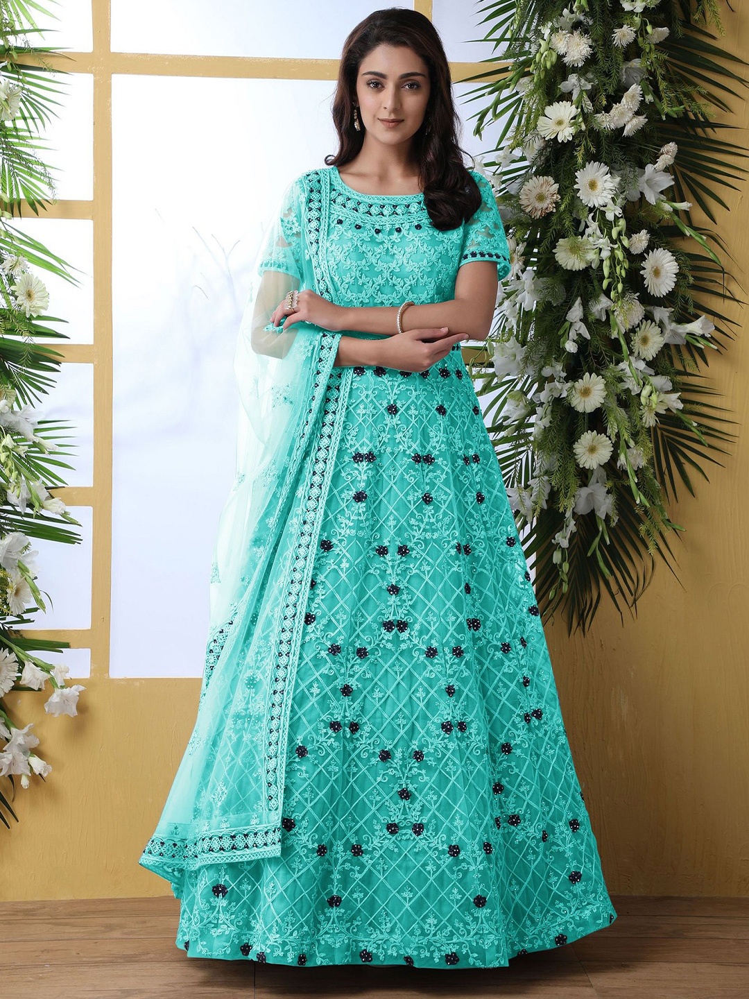 

LADY SHOPI Women Floral Embroidered Fit & Flare Maxi Dress, Blue
