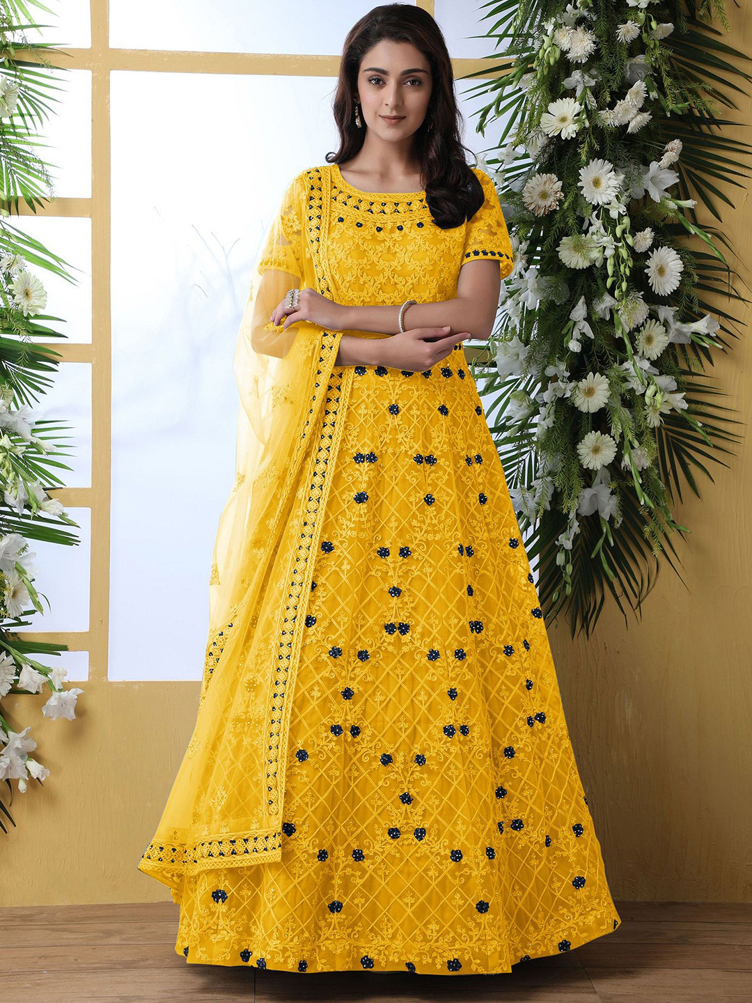 

LADY SHOPI Women Embroidered Fit and Flare Maxi Ethnic Dress, Yellow