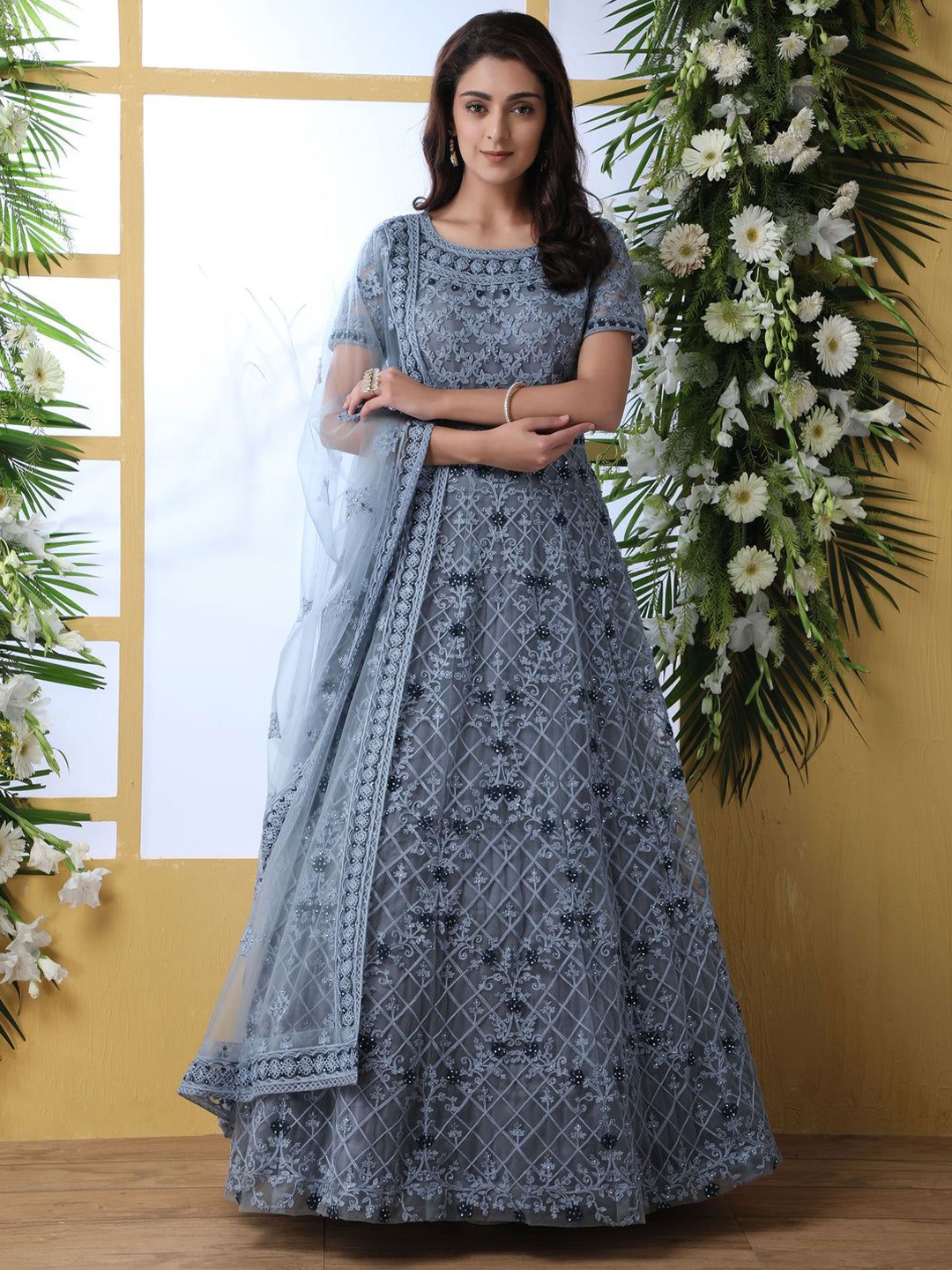 LADY SHOPI Women Floral Embroidered Net Fit & Flare Maxi Dress, Grey