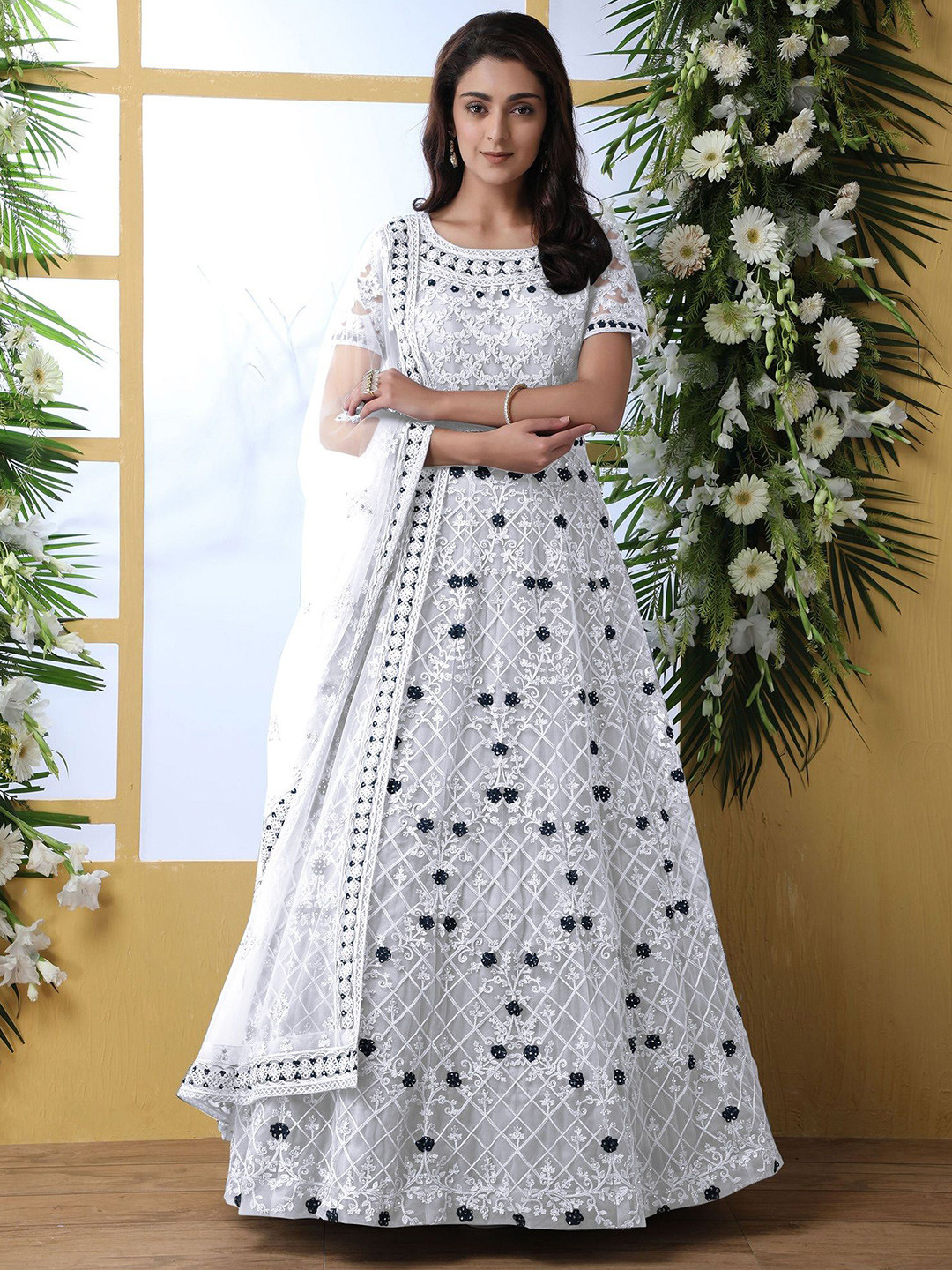 

LADY SHOPI Floral Embroidered Net Fit & Flare Maxi Dress, White