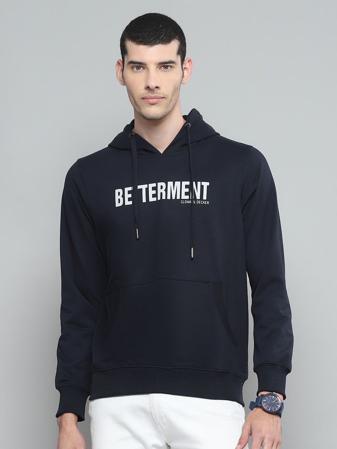 

Cloak & Decker Men Printed Hooded Neck Full Sleeve Cotton Sweatshirt, Navy blue
