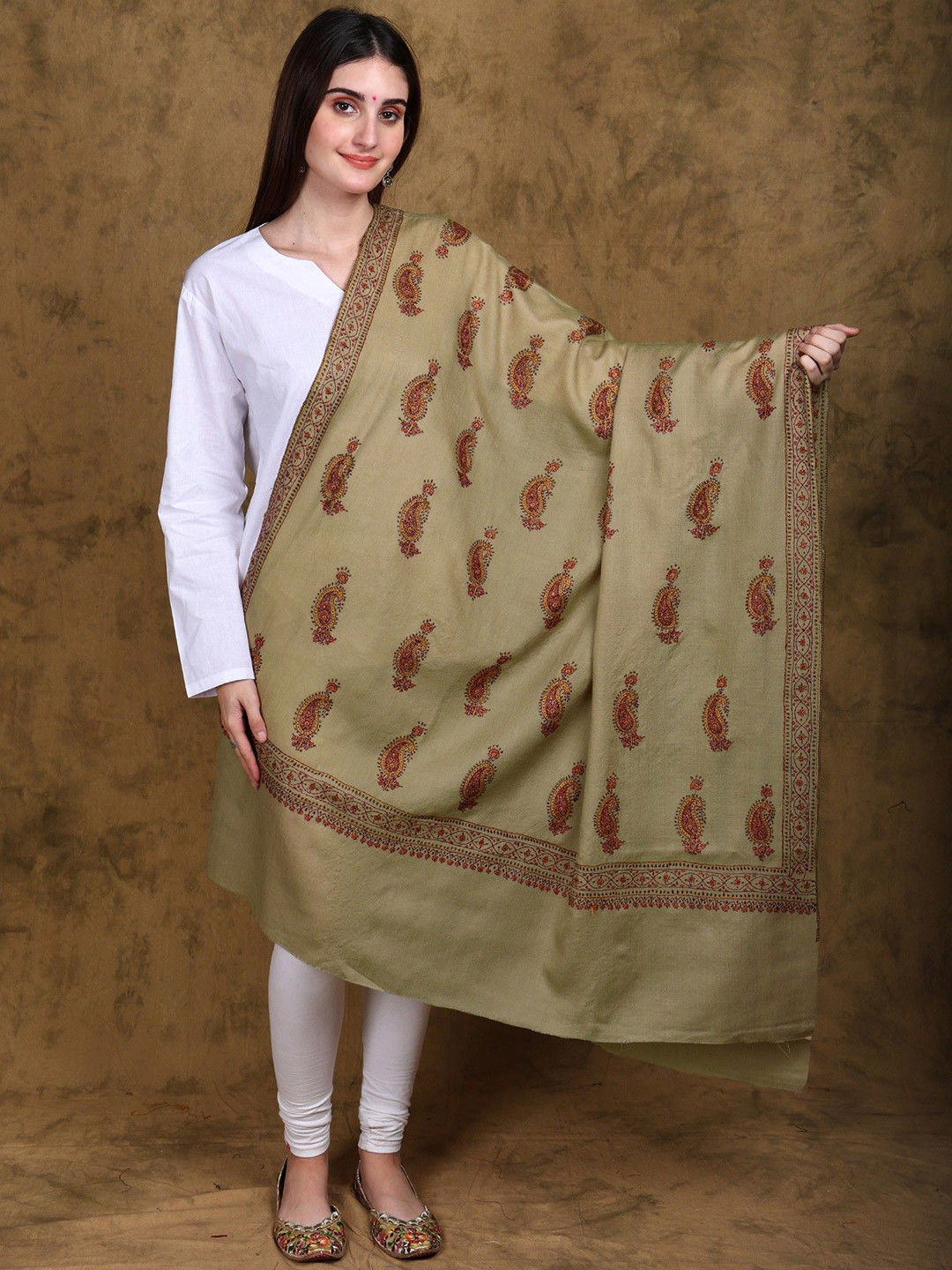 

Exotic India Paisley Printed Pure Wool Kashmiri Shawl, Olive