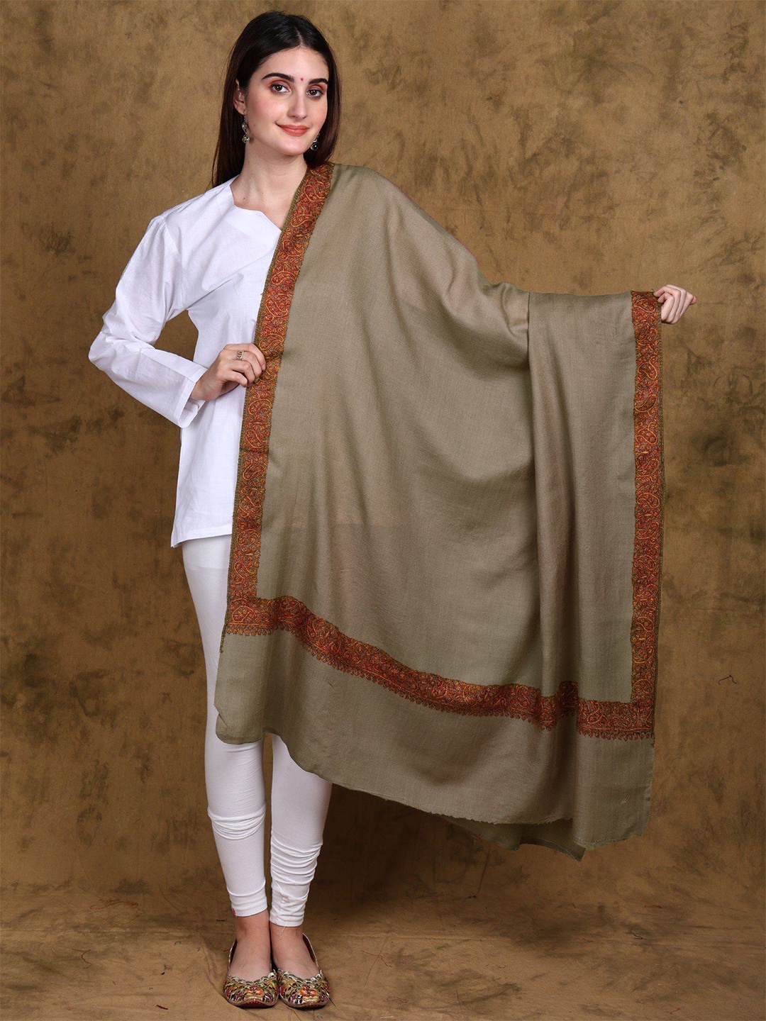 

Exotic India Brown Lentil Pure Wool Kashmiri Shawl with Sozni Hand Embroidered Border, Grey