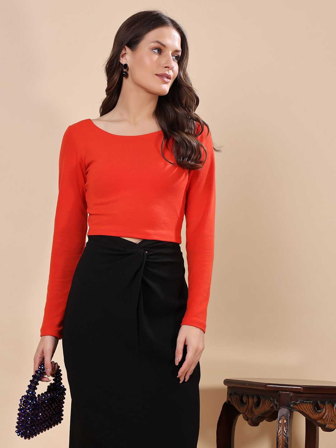 

SCORPIUS Women Round Neck Fitted Crop Cotton Top, Red