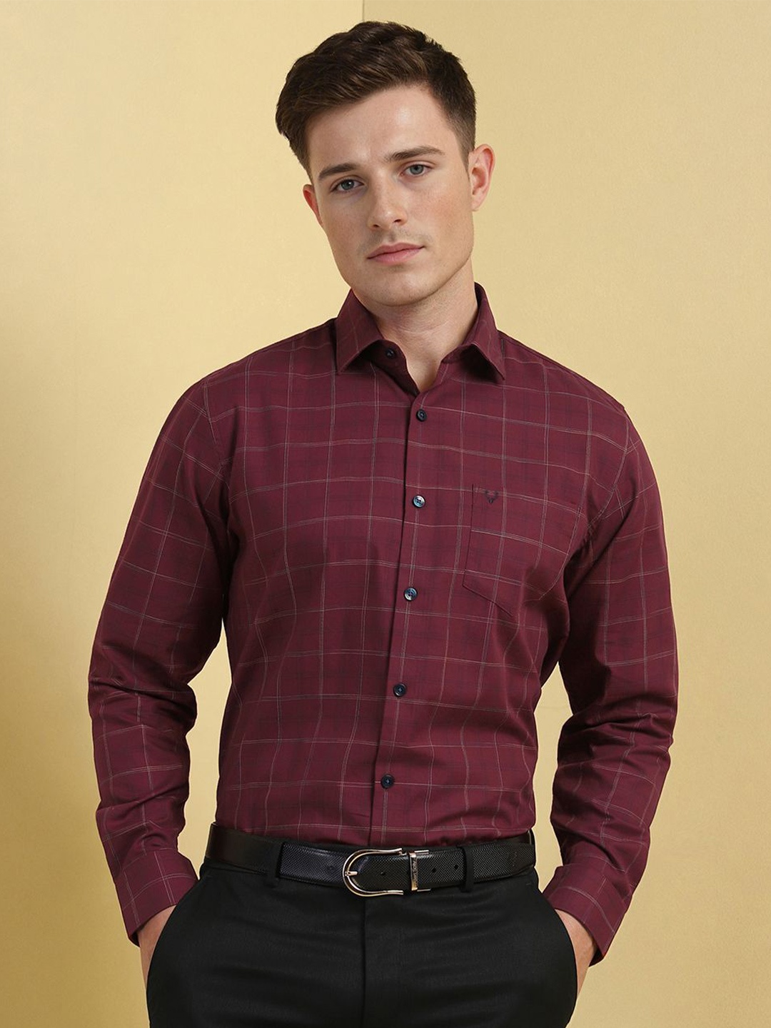 

Allen Solly Men Spread Collar Windowpane Checked Cotton Formal Shirt, Maroon