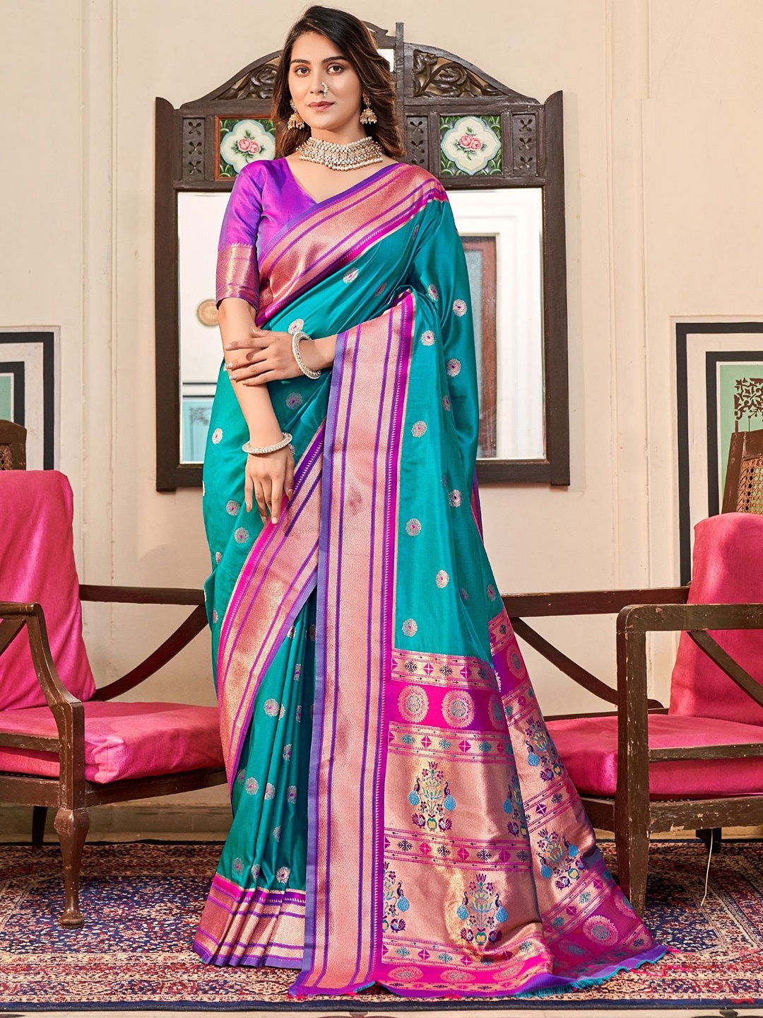 

MAHALASA Woven Design Zari Pure Silk Handloom Paithani Saree, Turquoise blue