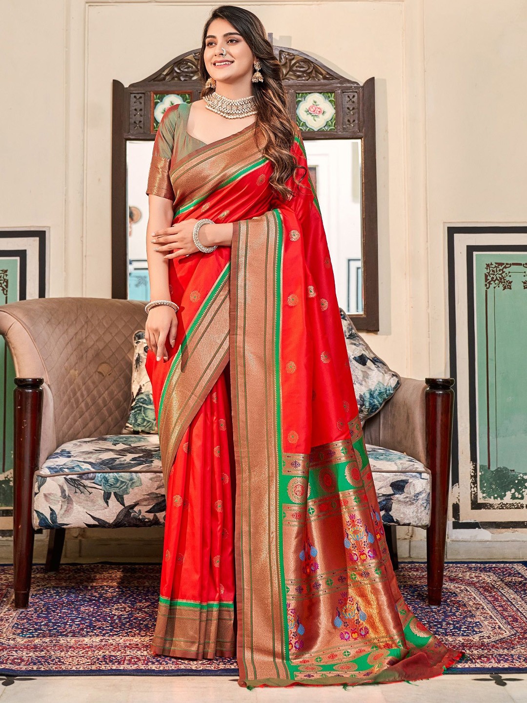 

MAHALASA Woven Design Zari Pure Silk Paithani Saree, Red