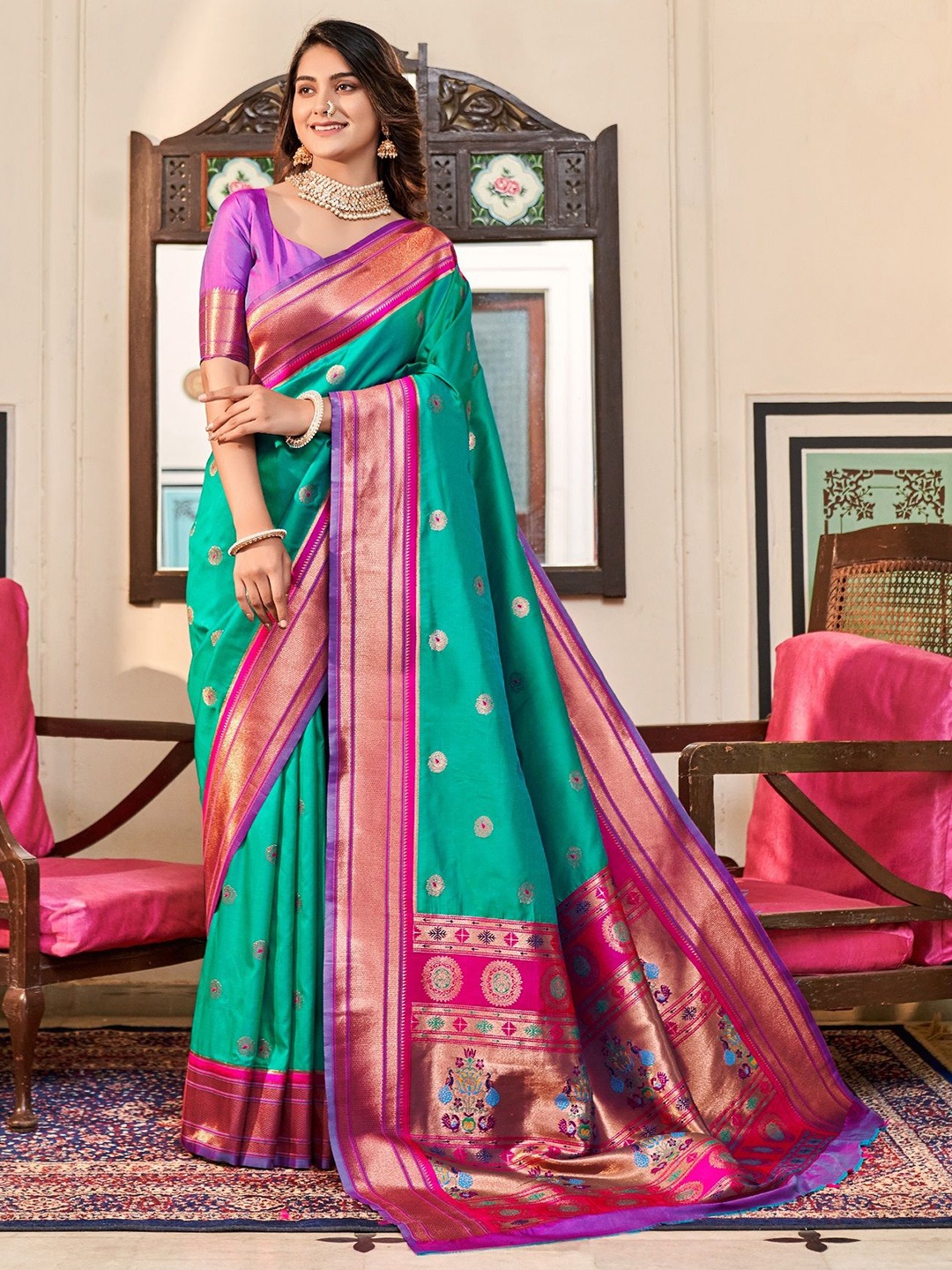 

MAHALASA Ethnic Motifs Zari Pure Silk Paithani Saree, Sea green