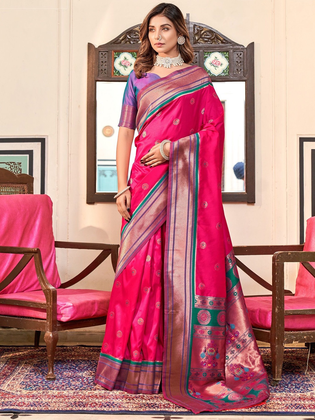 

MAHALASA Ethnic Motifs Woven Design Zari Pure Silk Paithani Saree, Pink