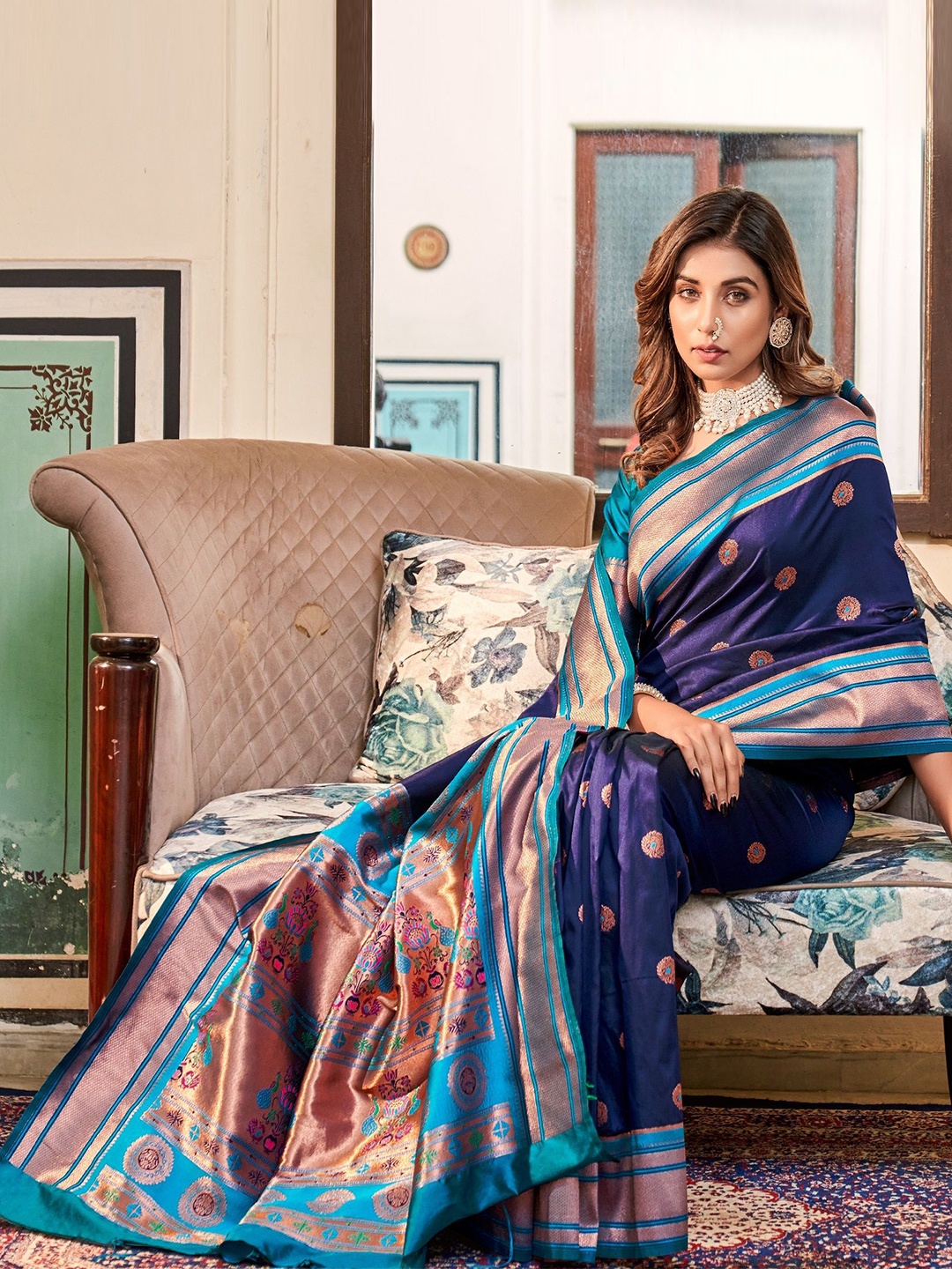 

MAHALASA Woven Design Zari Pure Silk Paithani Saree, Navy blue