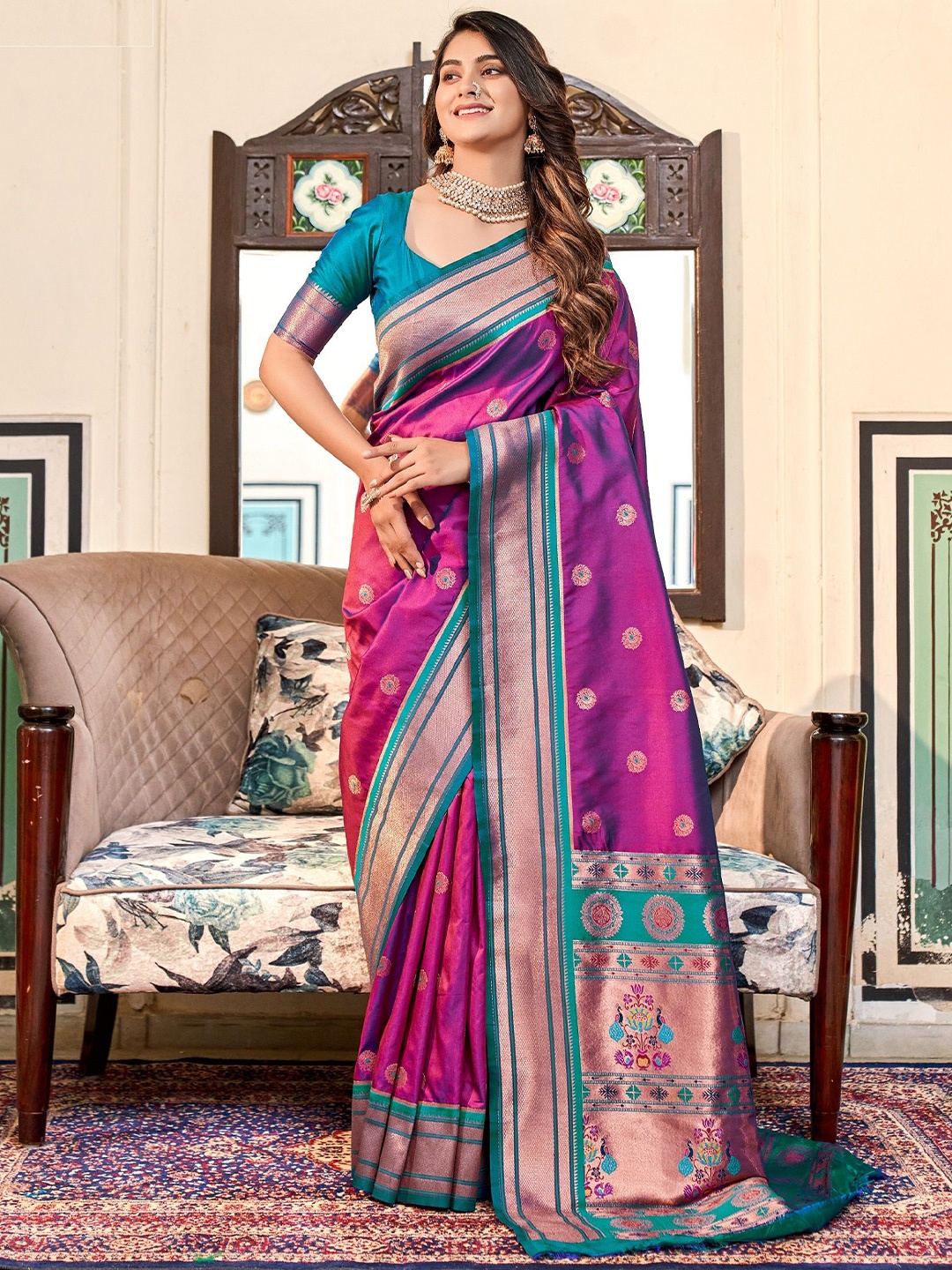 

MAHALASA Ethnic Motifs Woven Design Zari Pure Silk Paithani Saree, Pink