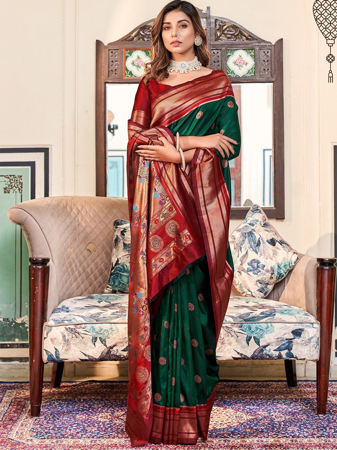 

MAHALASA Ethnic Motifs Zari Pure Silk Paithani Saree, Green