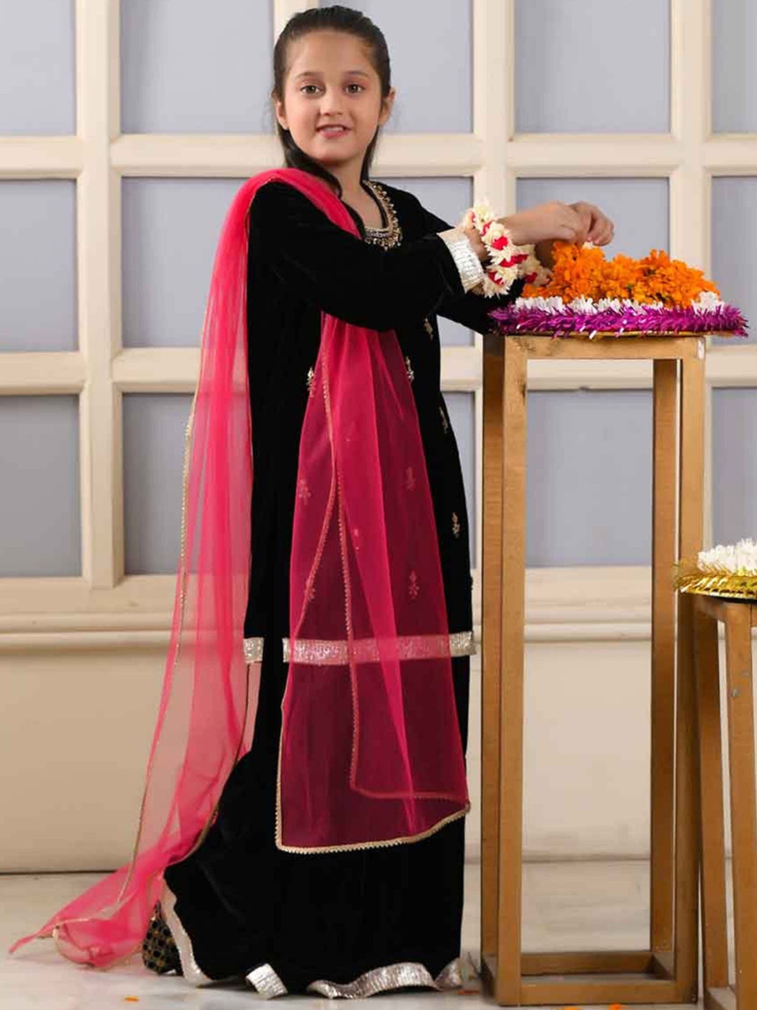

BAESD Girls Floral Embroidered Velvet Straight Kurta with Palazzos & Dupatta, Black