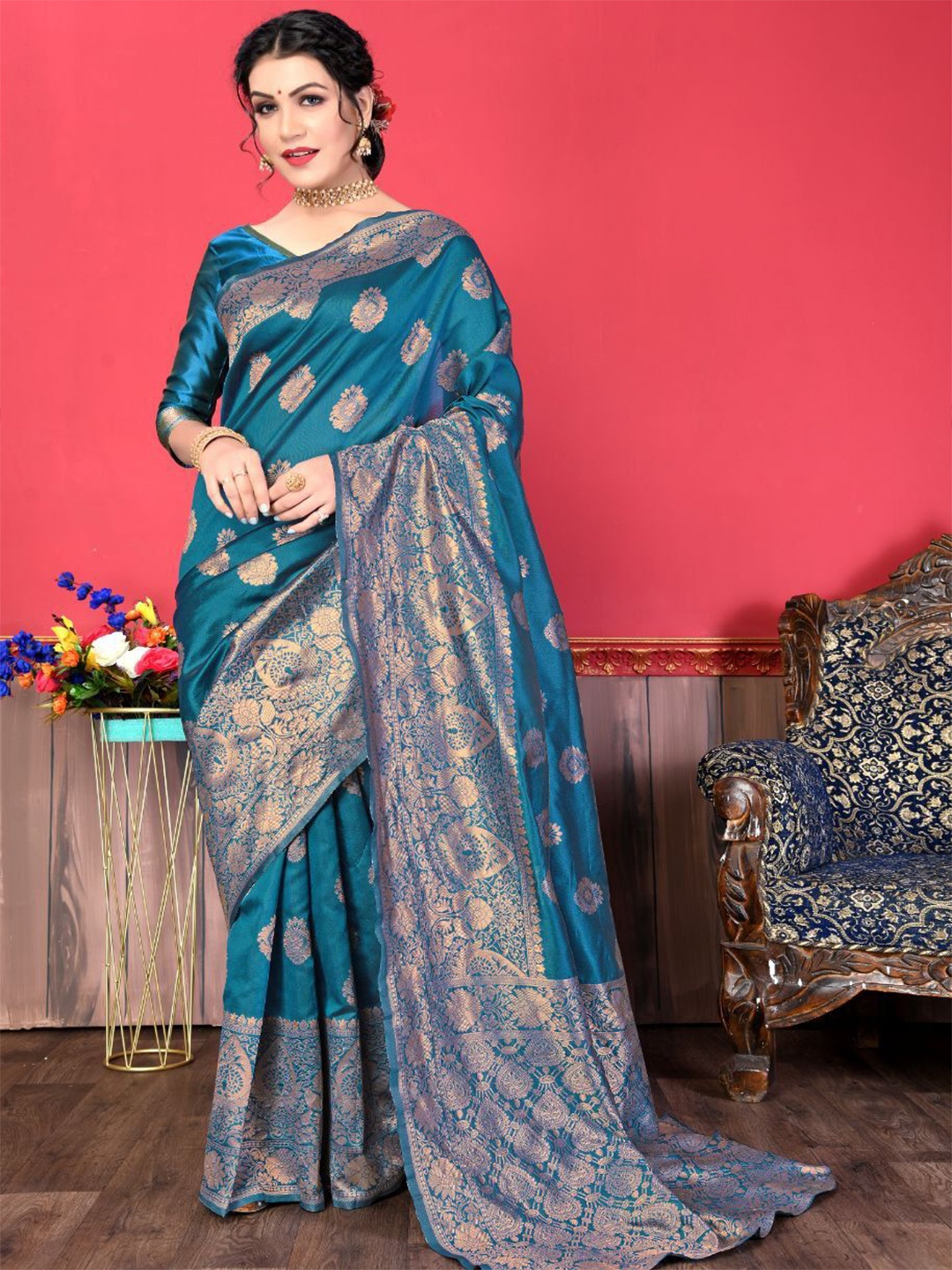 

Taslar Woven Design Pure Silk Banarasi Saree, Teal