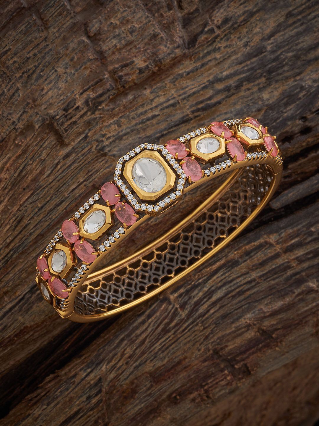 

Kushal's Fashion Jewellery Victorian-Plated Kundan Studded Kada Bangle, Pink