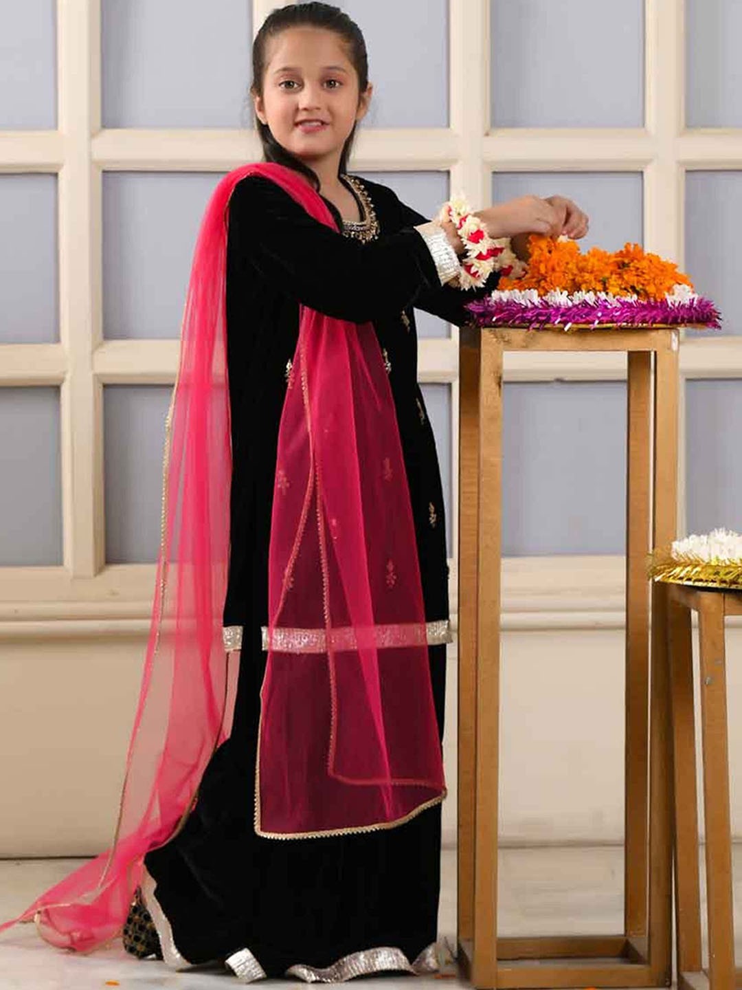 

BAESD Girls Floral Embroidered Velvet Straight Kurta with Palazzos & Dupatta, Black