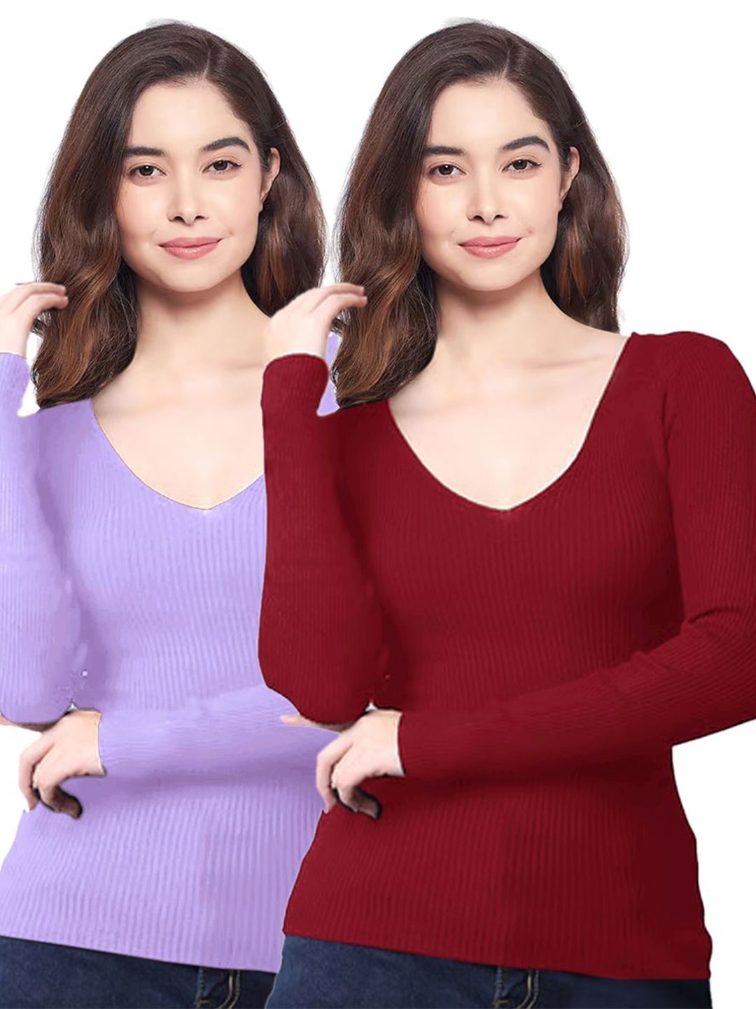 

Diving Deep Pack Of 2 Ribbed V-Neck Top, Lavender