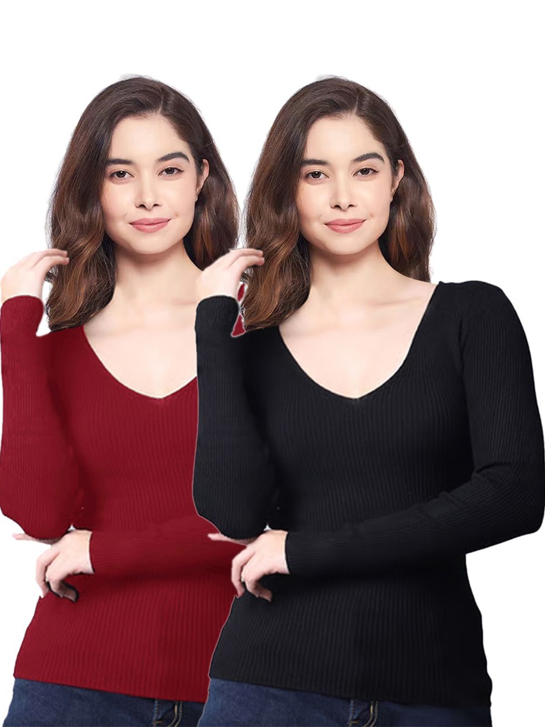 

Diving Deep Pack Of 2 Ribbed V-Neck Top, Black