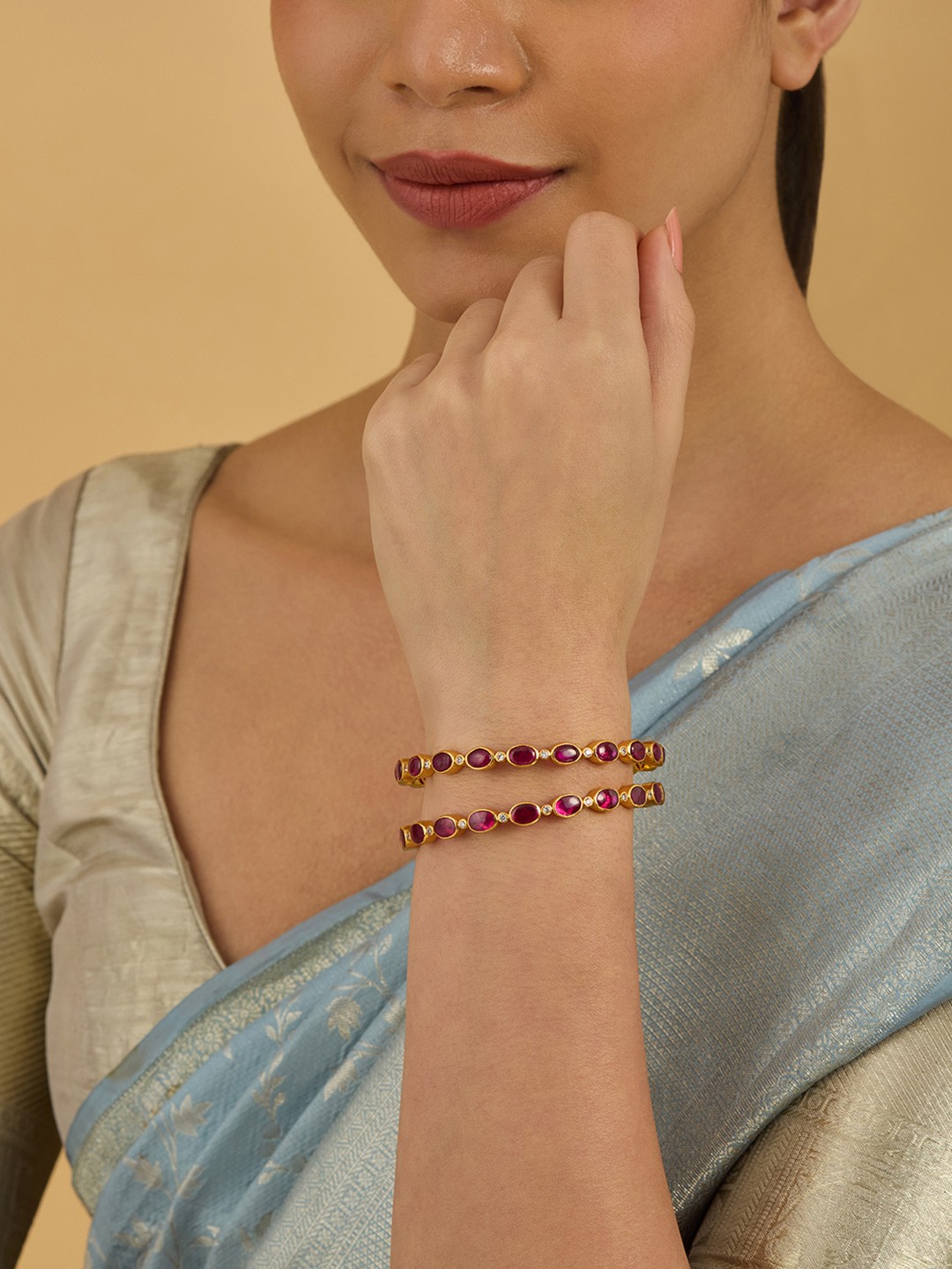 

Kushal's Fashion Jewellery Pack Of 2 92.5 Sterling Silver Gold-Plated Stone Studded Bangle