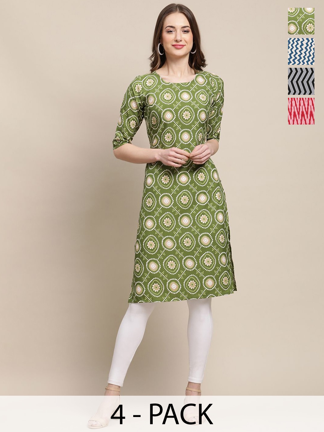 

7Threads Selection Of 4 Ethnic Motifs Round Neck Straight Kurtas, Green