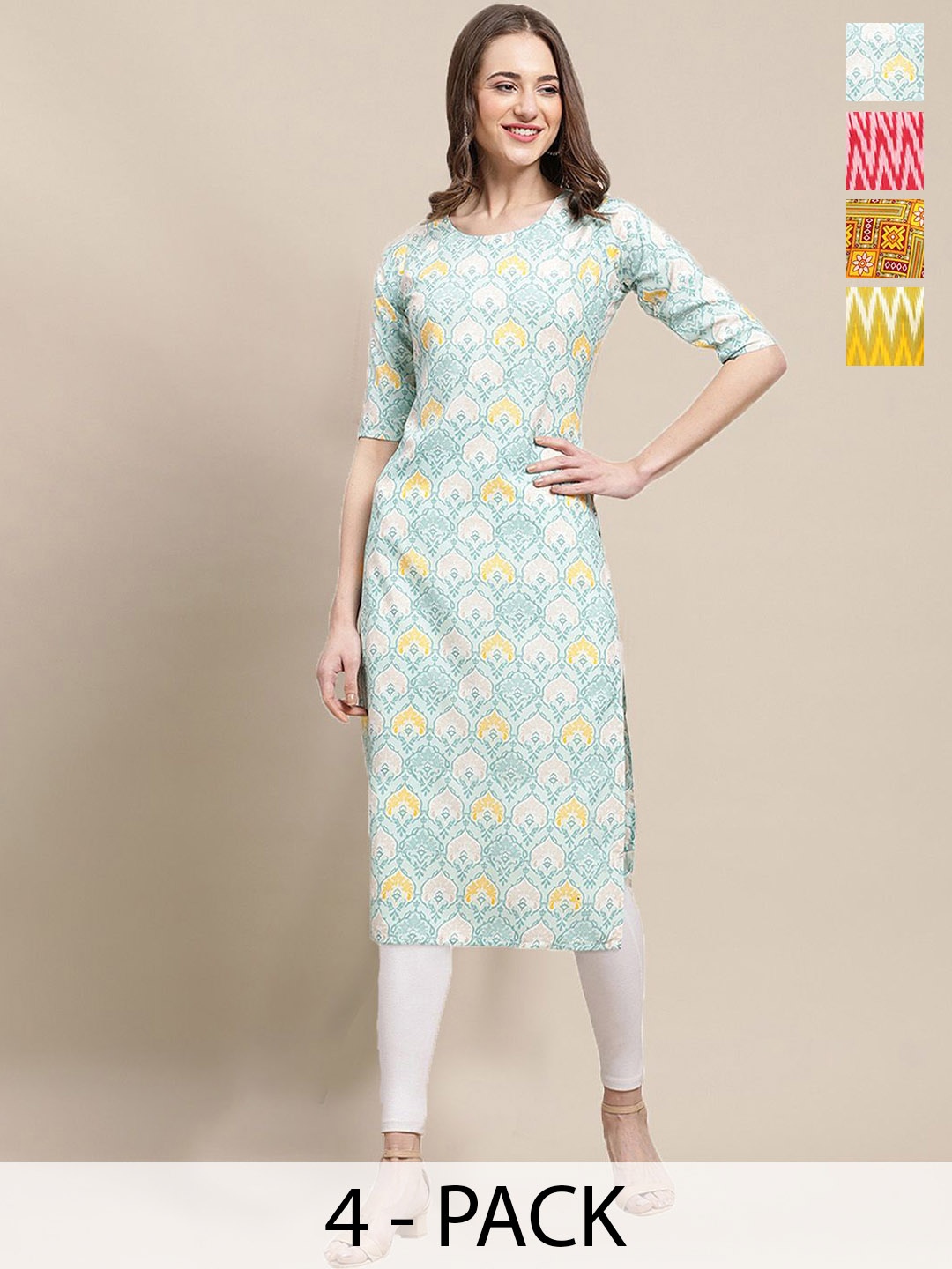 

7Threads Selection Of 4 Ethnic Motifs Printed Round Neck Straight Kurtas, Blue