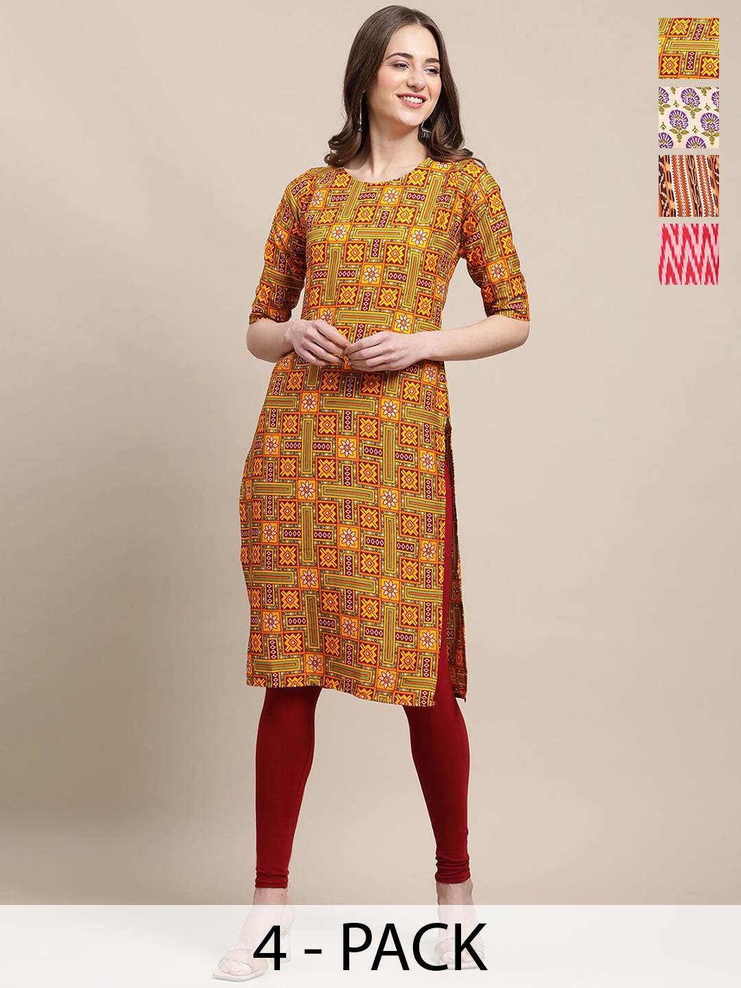 

7Threads Selections Of 4 Ethnic Motifs Printed Straight Kurtas, Brown