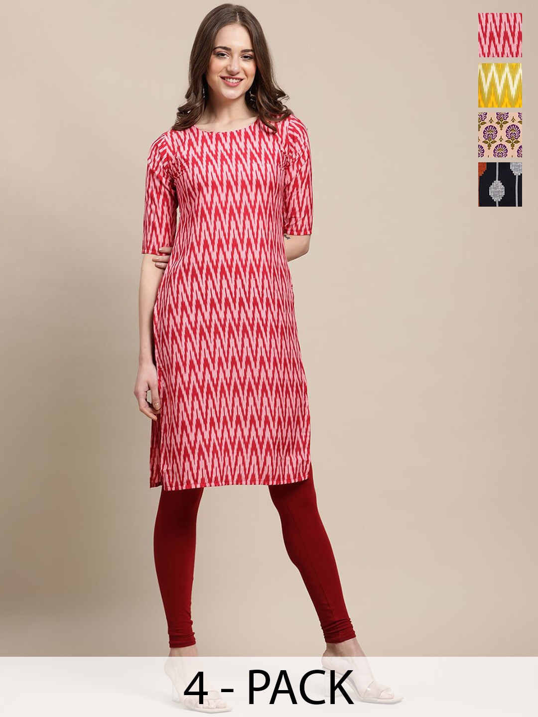 

7Threads Selection Of 4 Ethnic Motifs Printed Straight Kurtas, Red