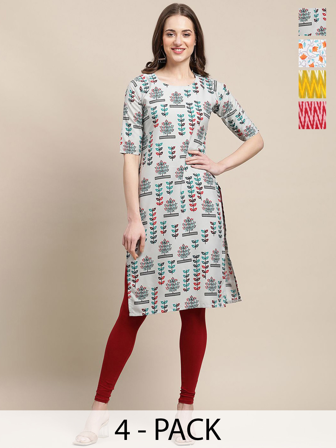 

7Threads Pack Of 4 Chevron Printed Round Neck Straight Crepe Kurta, Grey