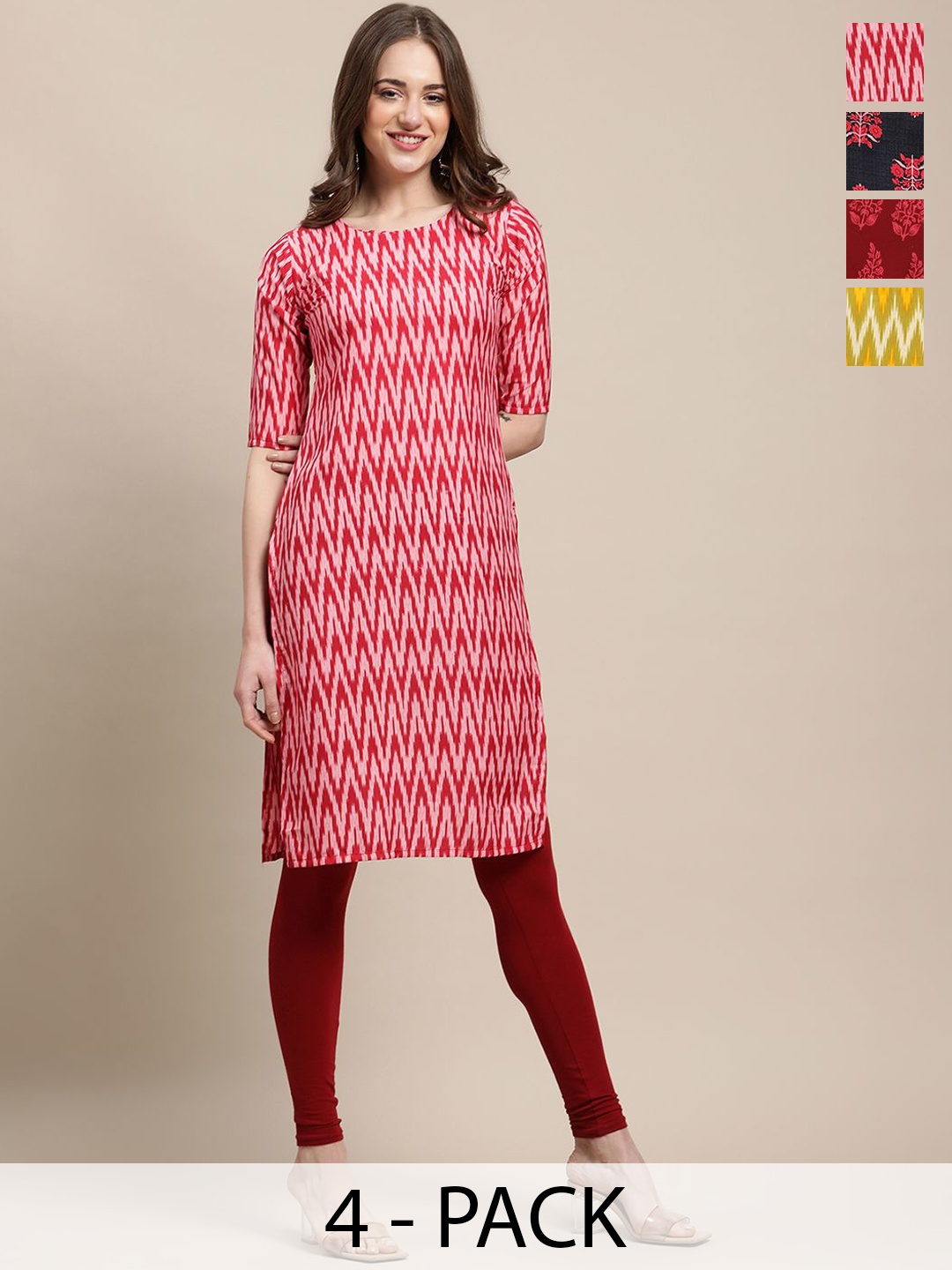 

7Threads Selection Of 4 Chevron Printed Round Neck Crepe Straight Kurta, Red