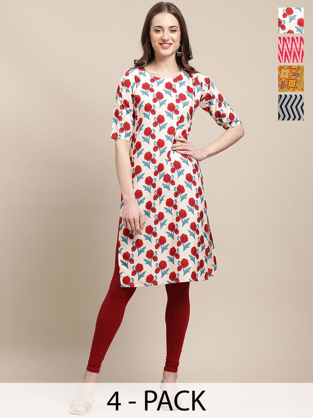 

7Threads Selection Of 4 Ethnic Motifs Printed Straight Kurtas, Red