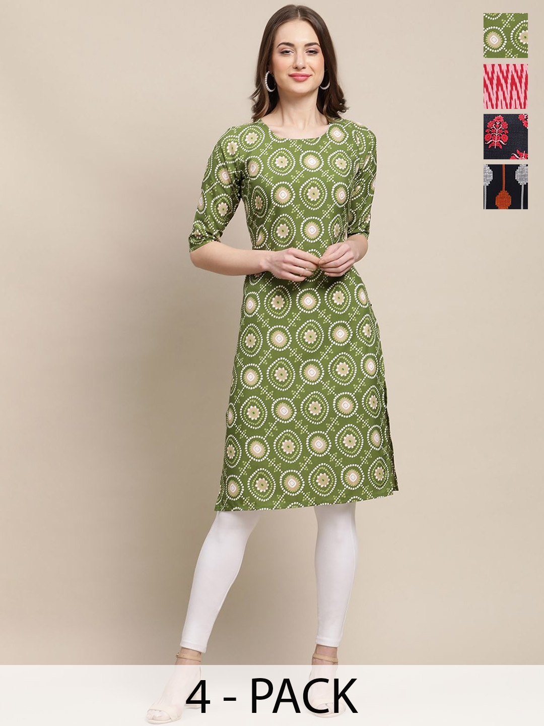 

7Threads Set Of 4 Ethnic Motifs Printed Round Neck Machine Weave Straight Kurta, Green