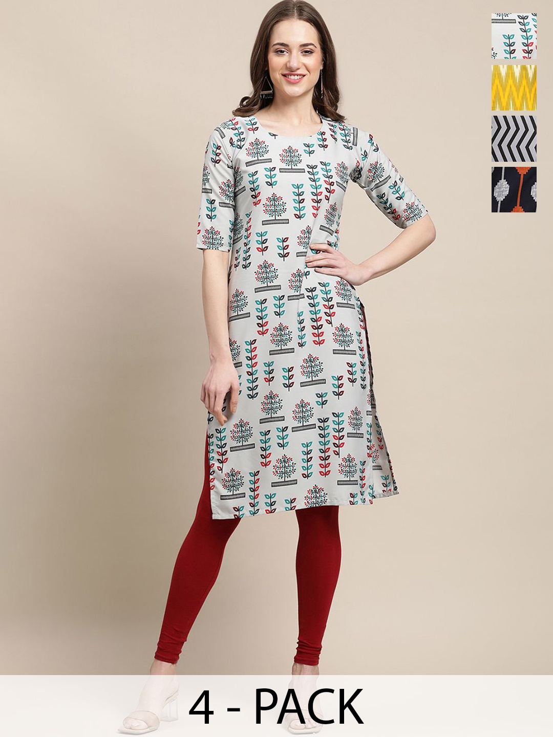 

7Threads Selection Of 4 Floral Printed Round Neck Kurtas, Off white