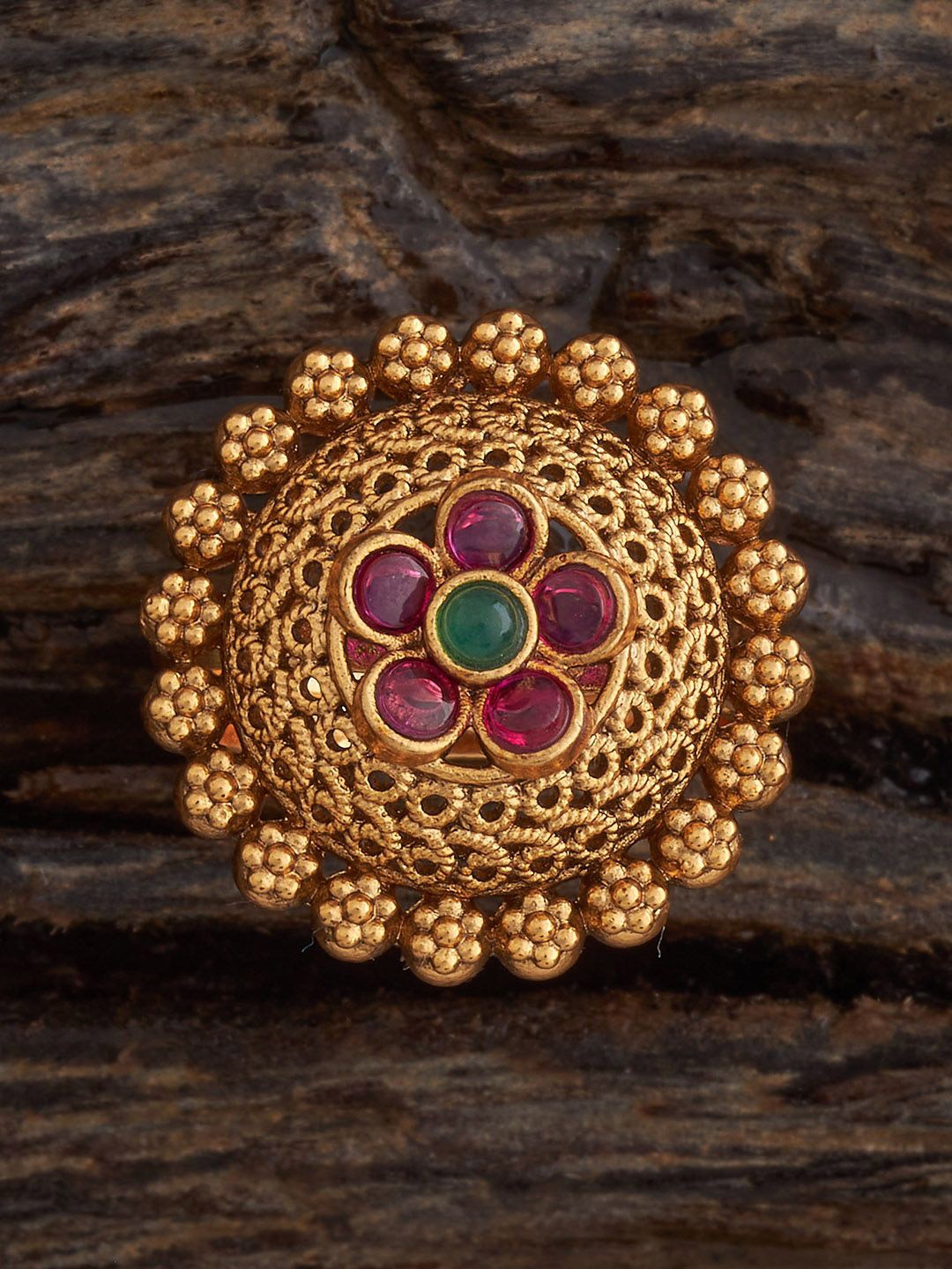 

Kushal's Fashion Jewellery Gold-Plated Ruby-Studded Adjustable Finger Ring