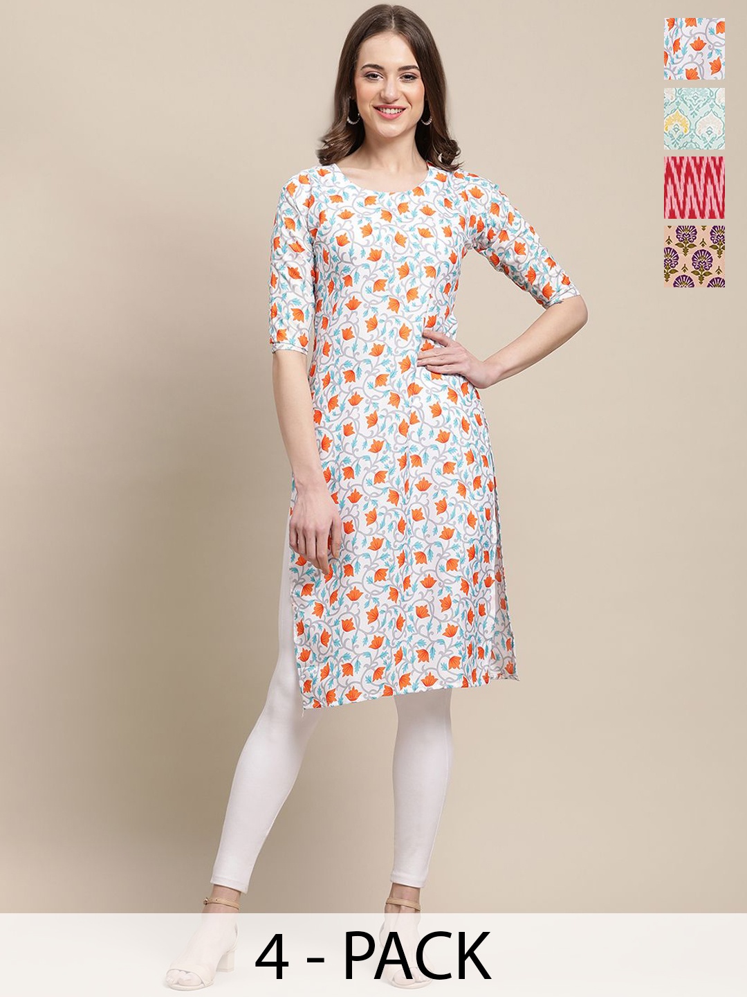 

7Threads Selection Of 4 Ethnic Motifs Printed Straight Kurtas, Red