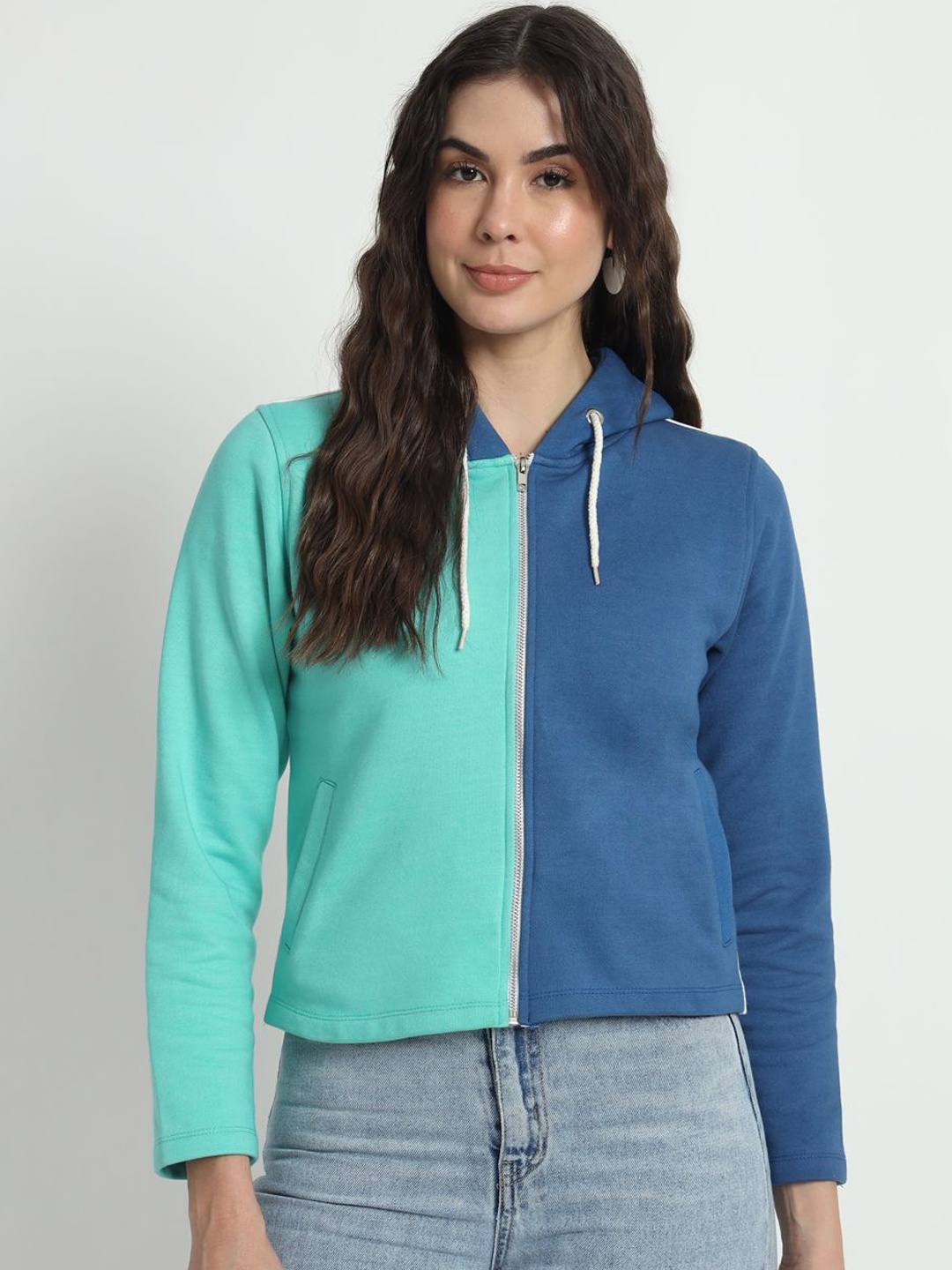

CHARMGAL Women Hooded Colourblocked Cotton Casual Bomber Jacket, Sea green