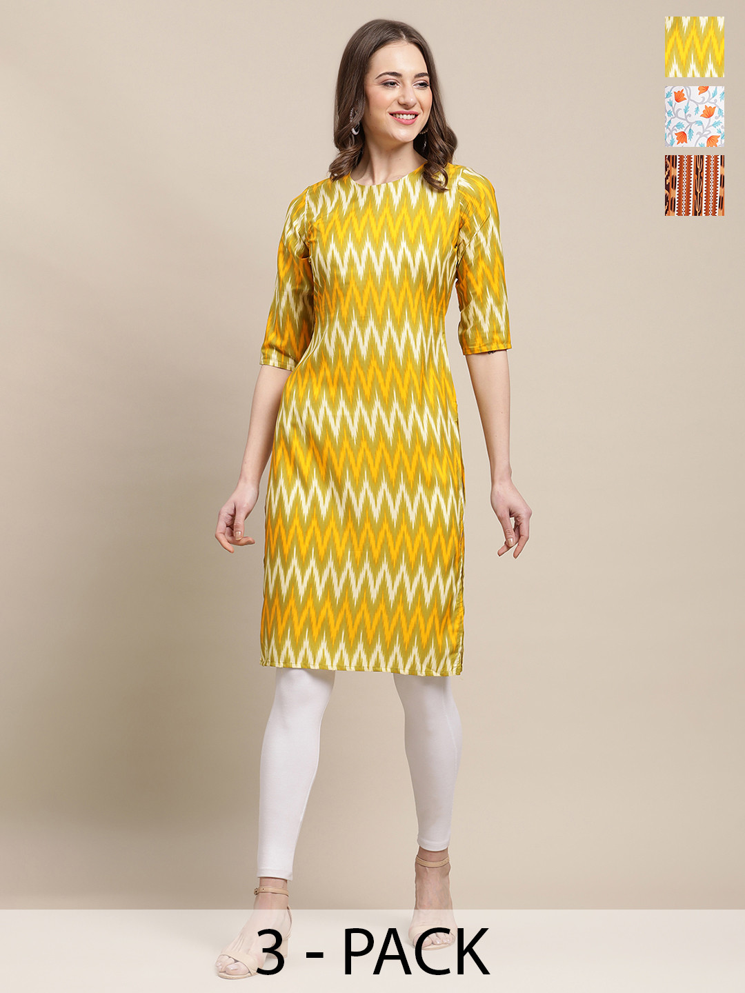 

7Threads Pack Of 3 Ethnic Motifs Printed Round Neck Straight Crepe Kurta, Yellow