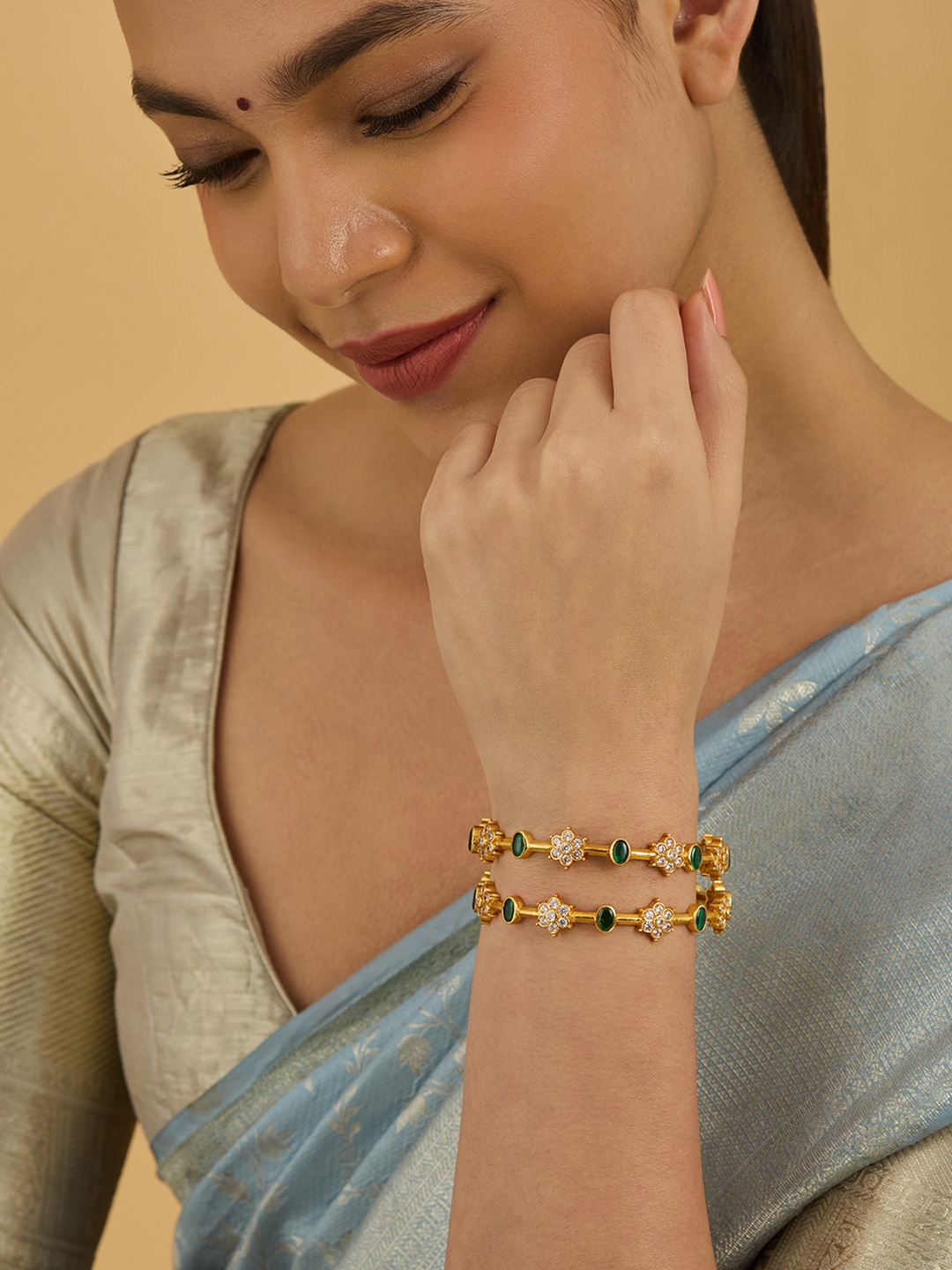 

Kushal's Fashion Jewellery Pack Of 2 92.5 Gold-Plated Artificial Stone Studded Bangles