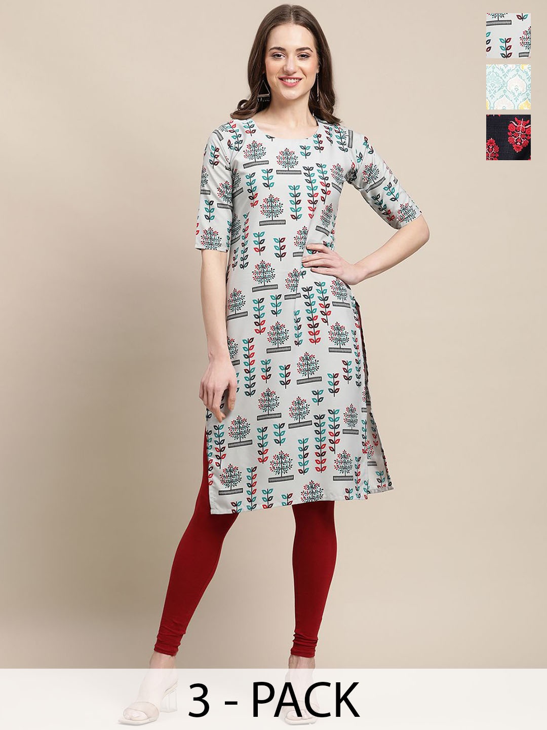 

7Threads Selection Of 3 Geometric Printed Round Neck Kurtas, Yellow