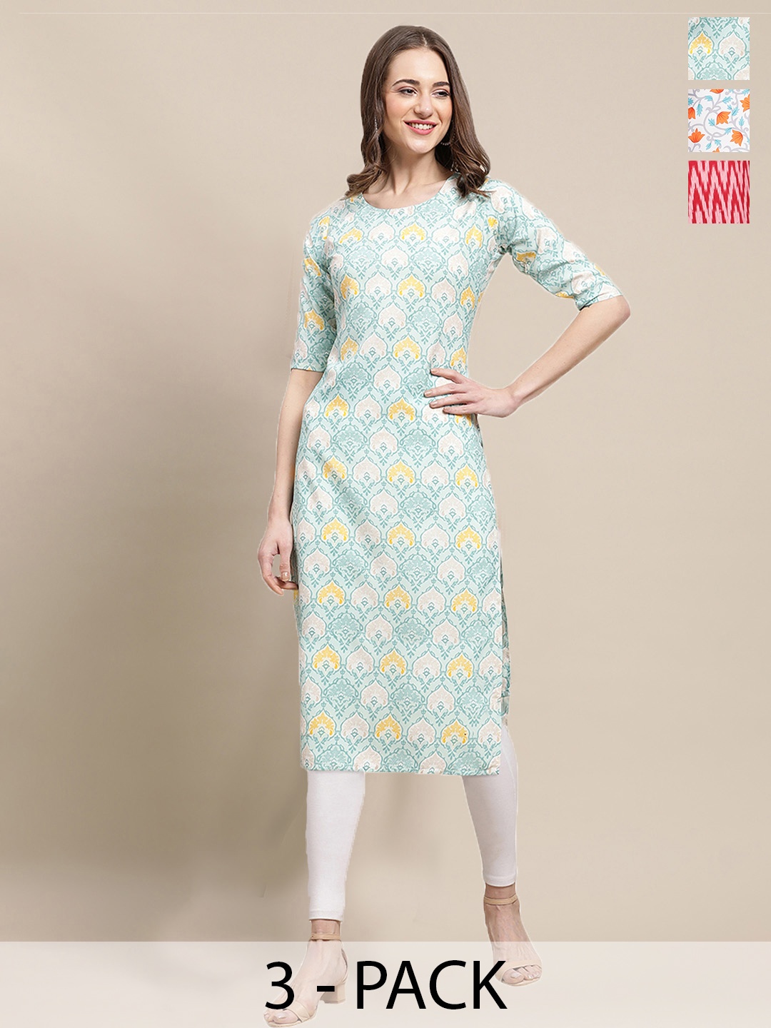 

7Threads Selection Of 3 Ethnic Motifs Printed Straight Kurtas, White