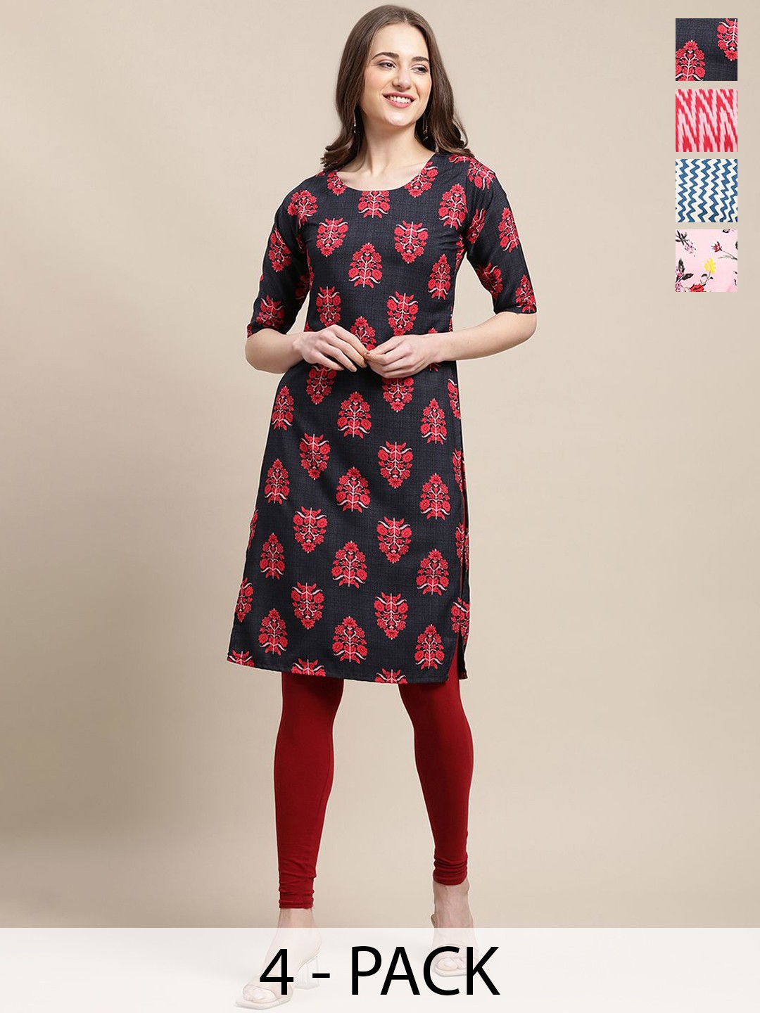 

7Threads Selection Of 4 Floral Printed Round Neck Crepe Straight Kurta, Black