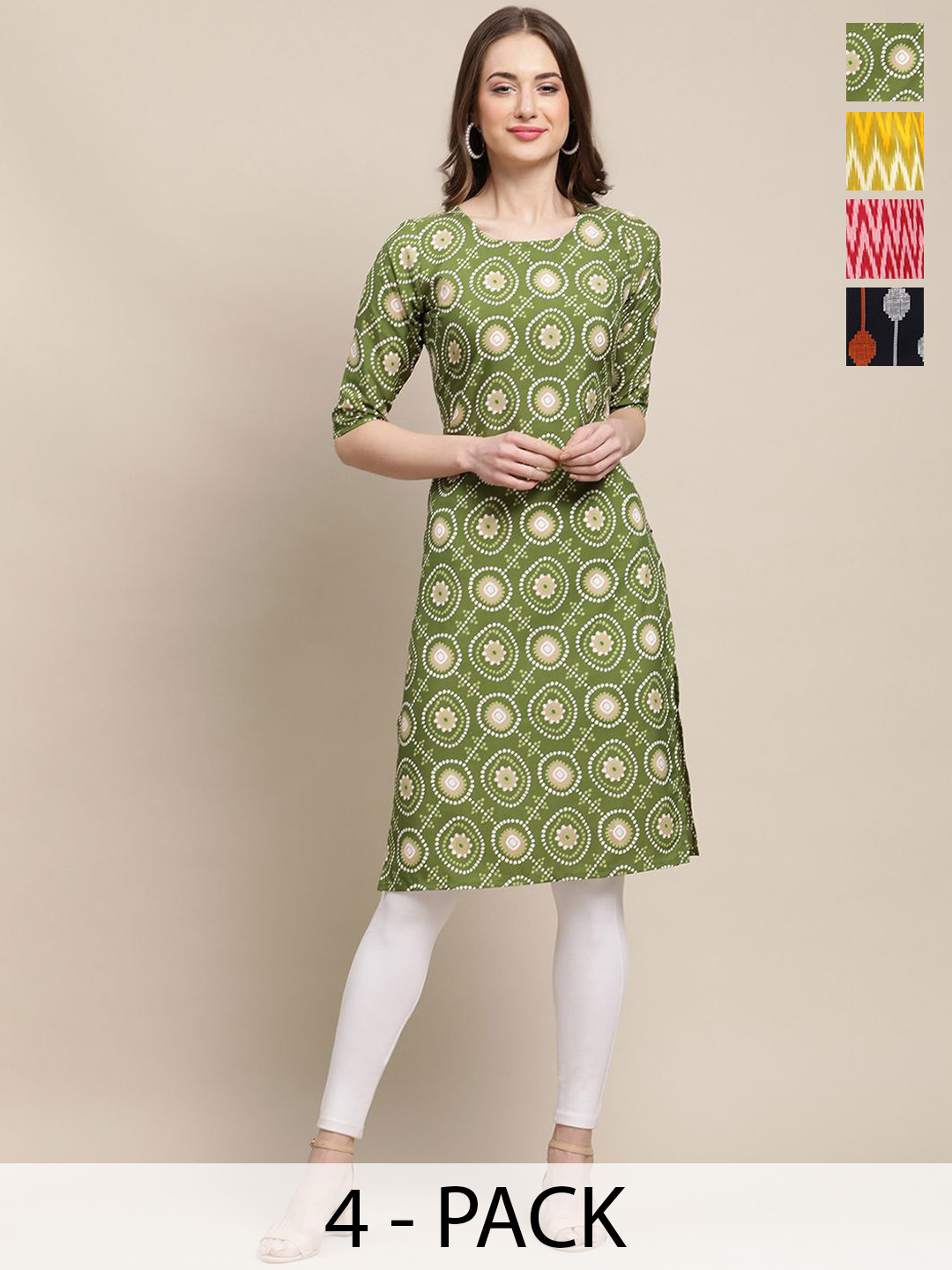 

7Threads Selections Of 4 Ethnic Motifs Printed Straight Kurtas, Green