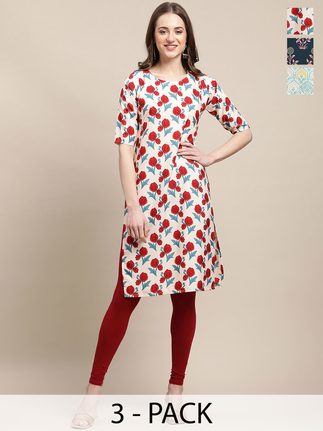 

7Threads Selection of 3 Floral & Ethnic Motifs Printed Round Neck Straight Kurtas, White